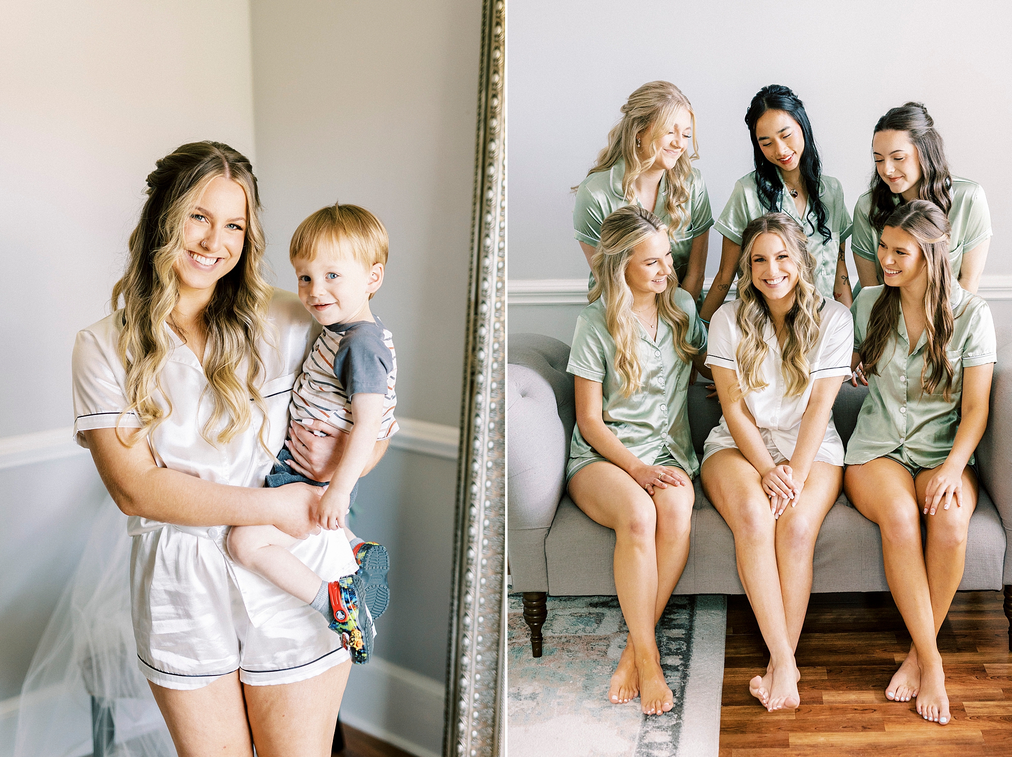 bride sits with bridesmaids and son in suite at Separk Mansion