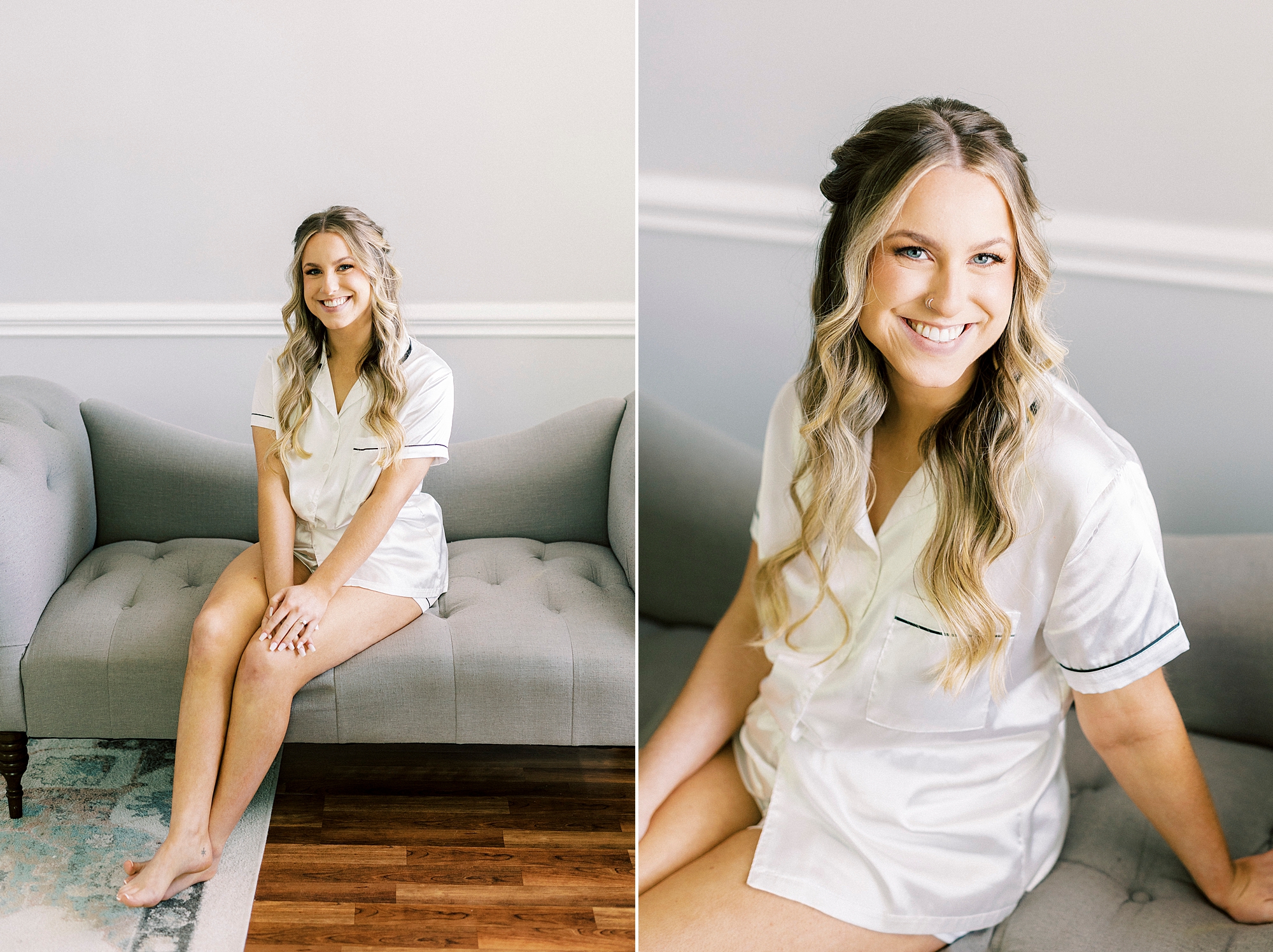 bride sits on bench with white pajamas in Charlotte NC bridal suite 