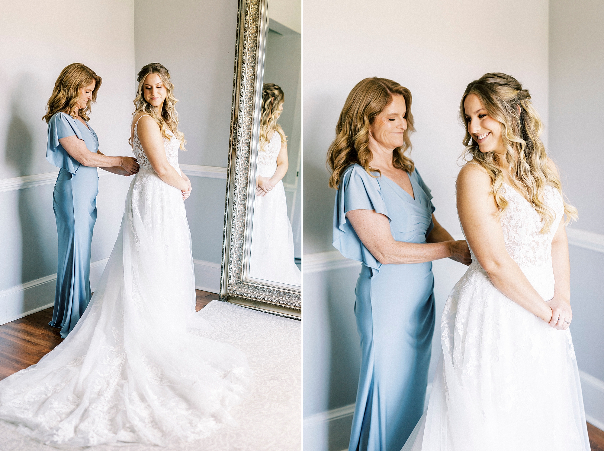 woman in blue dress buttons up wedding dress in suite at Separk Mansion
