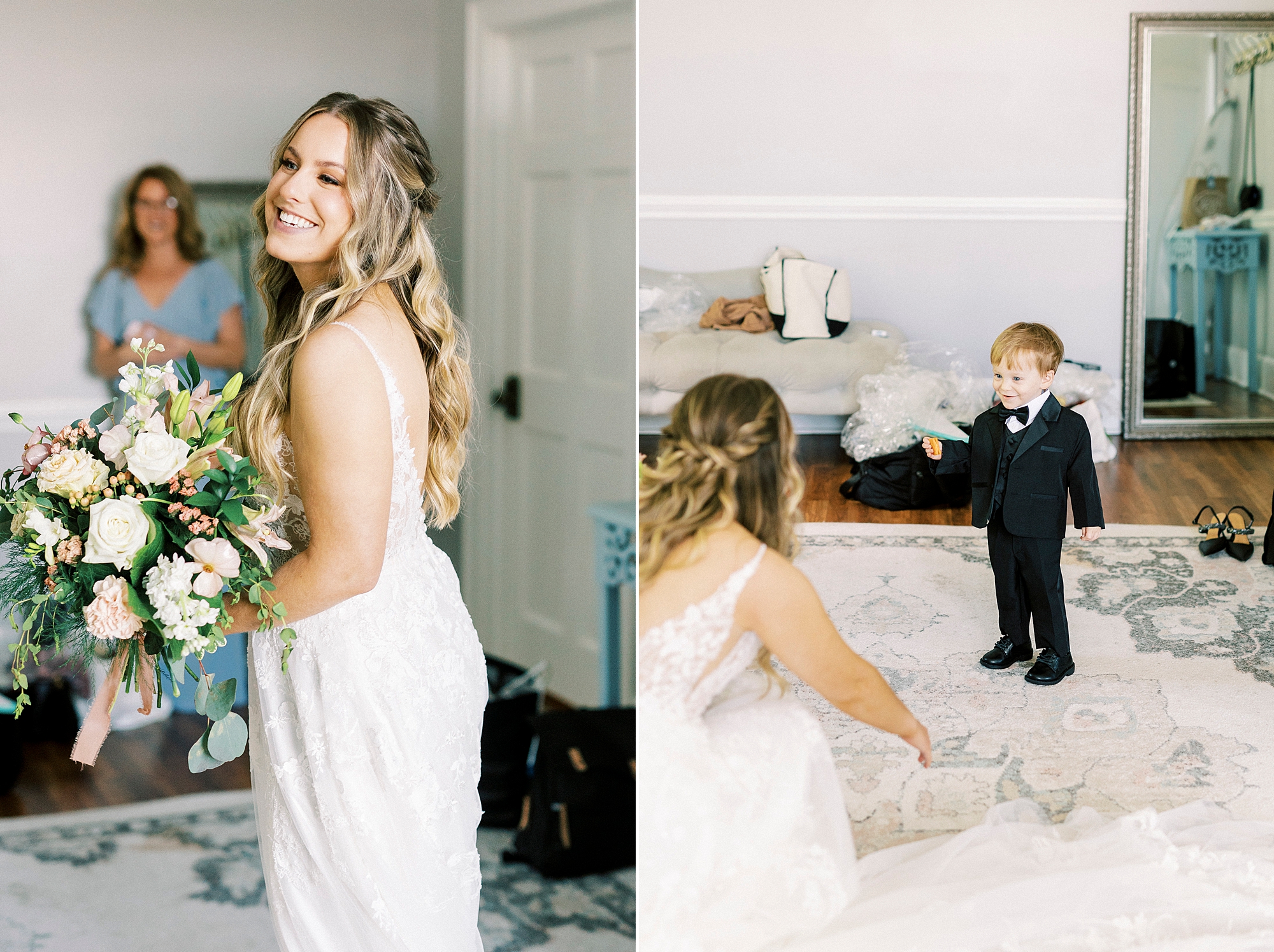 bride laughs in suite with son inside Separk Mansion