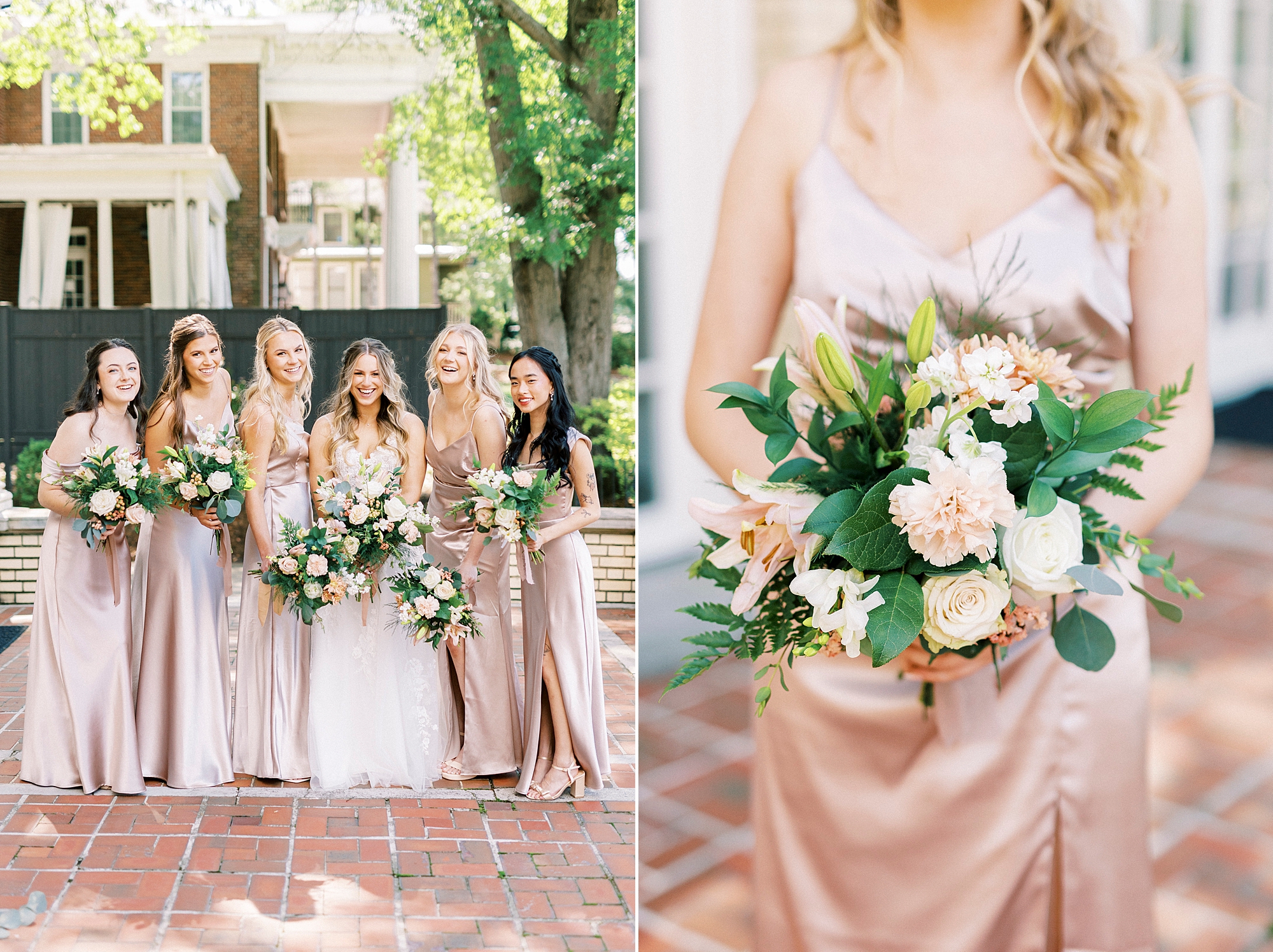 bridesmaid in satin pink dress holds bouquet of pink and white flowers 