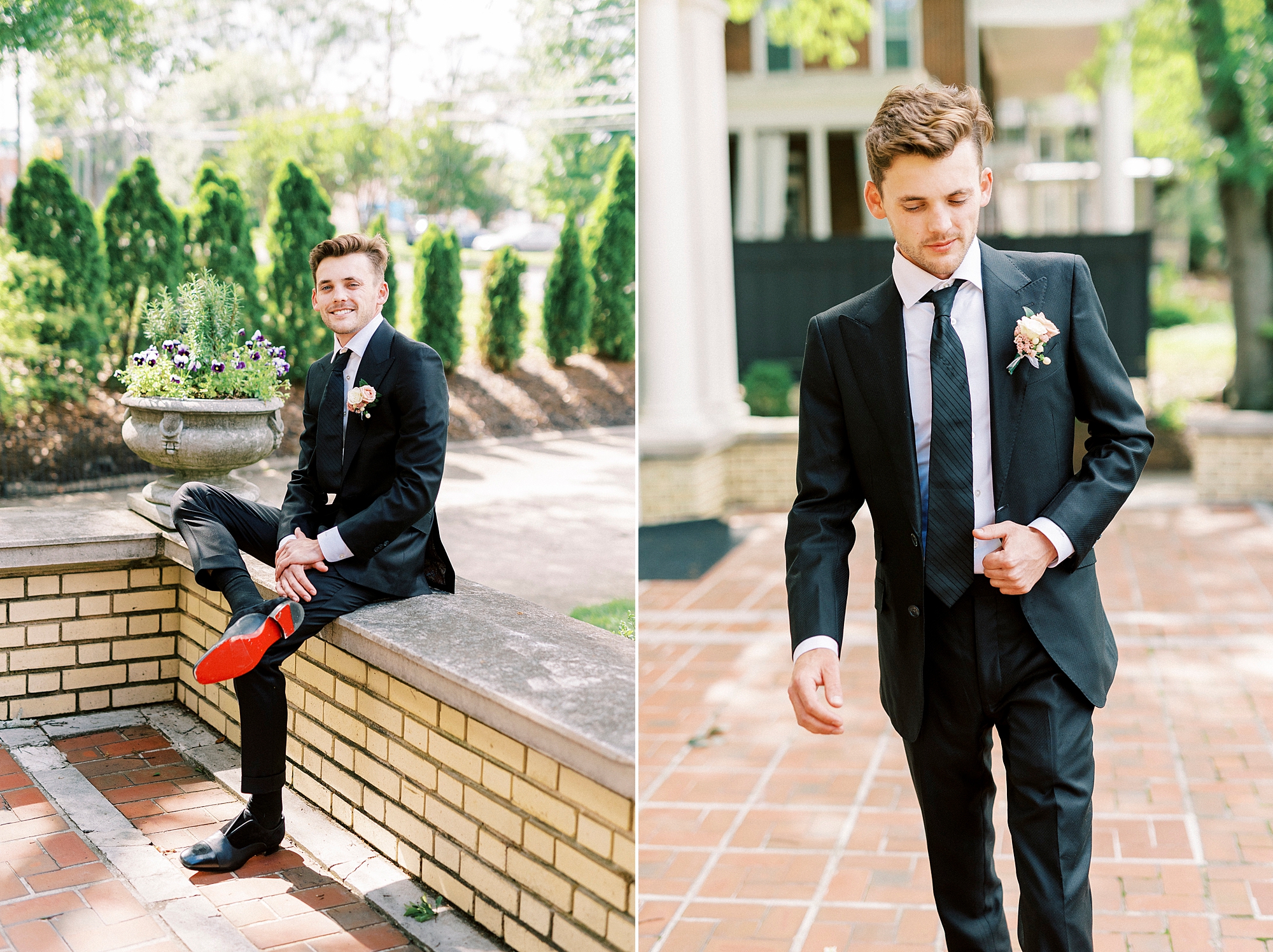 groom walks and sits on brick wall outside Separk Mansion