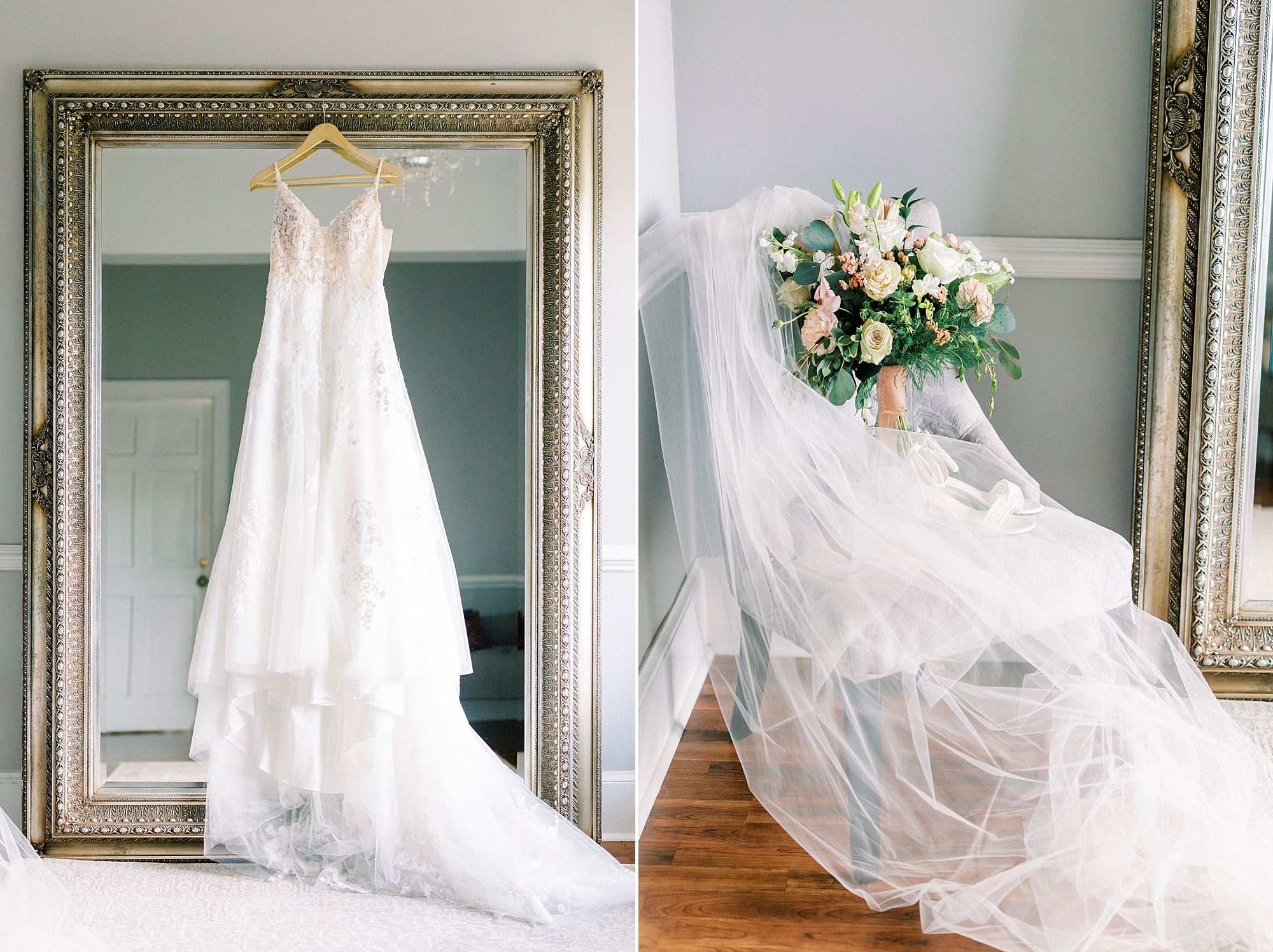wedding dress hangs on gold frame  of mirror 