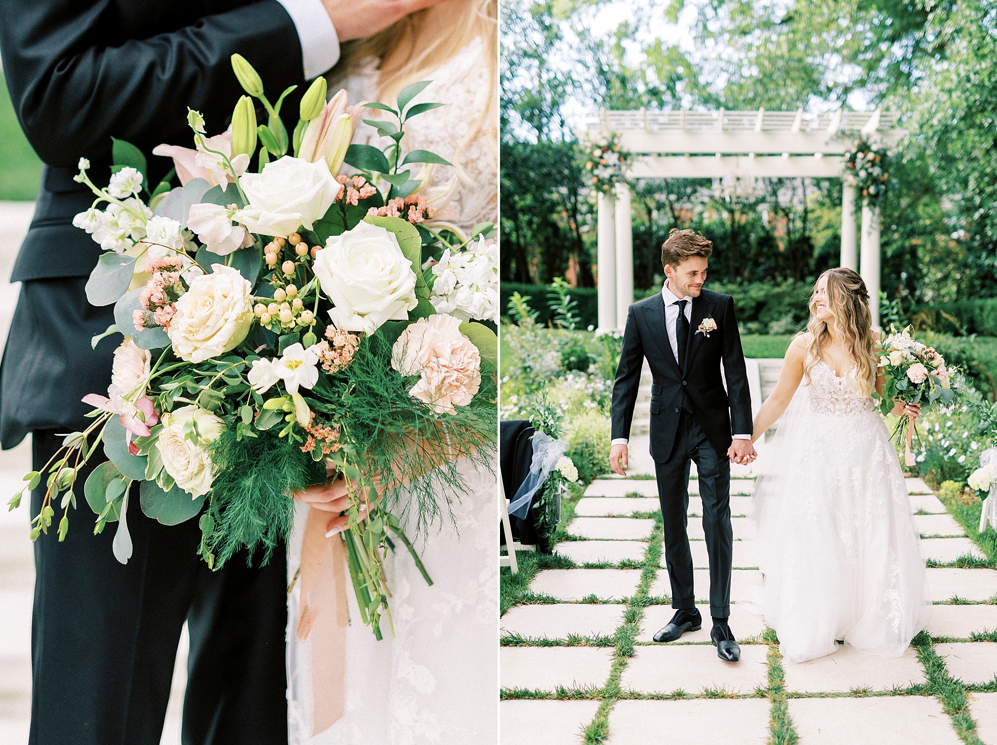 bride and groom hold hands walking away fro stone arbor 