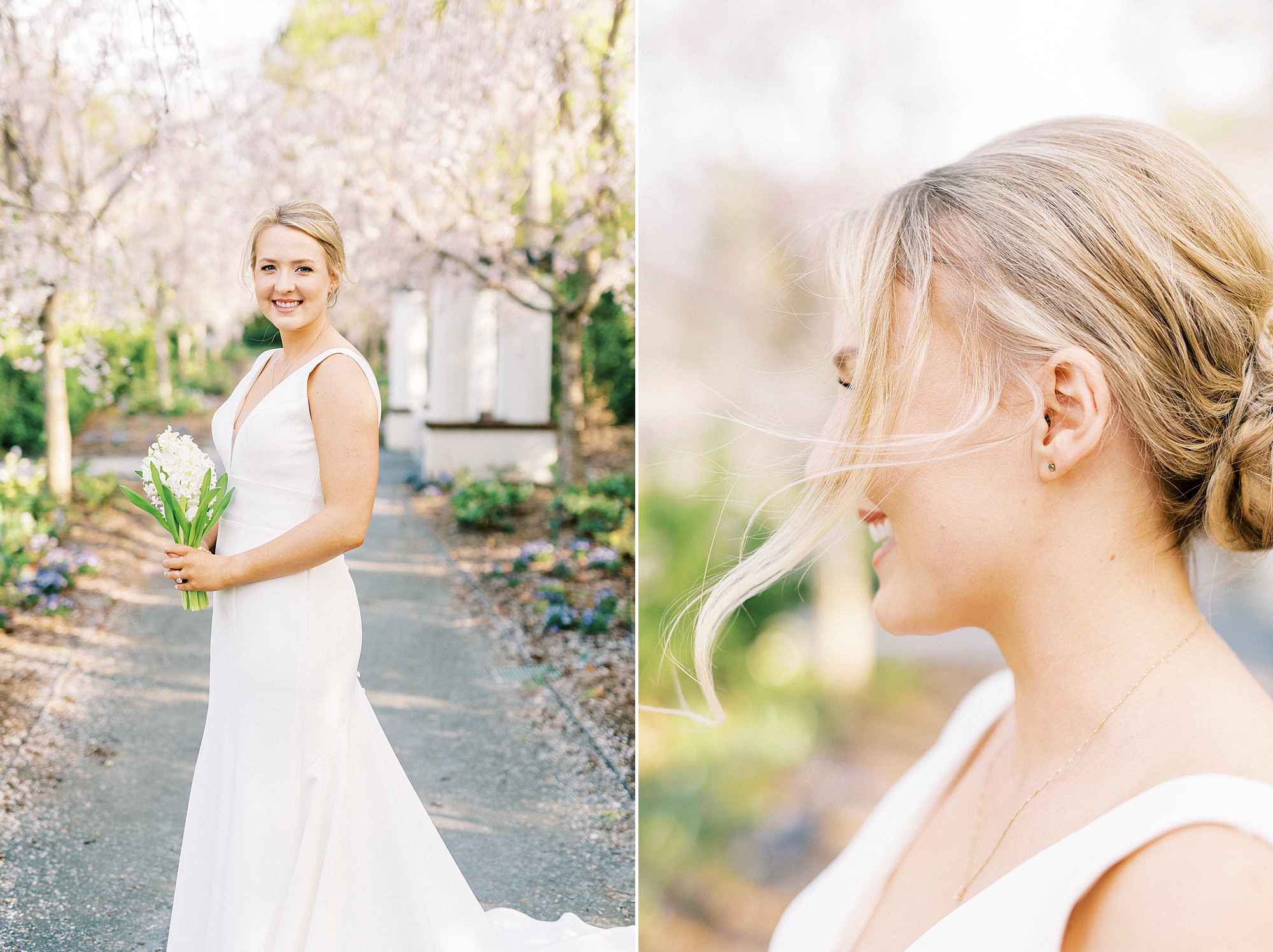 blonde bride grins looking to the side holding bouquet of white flowers