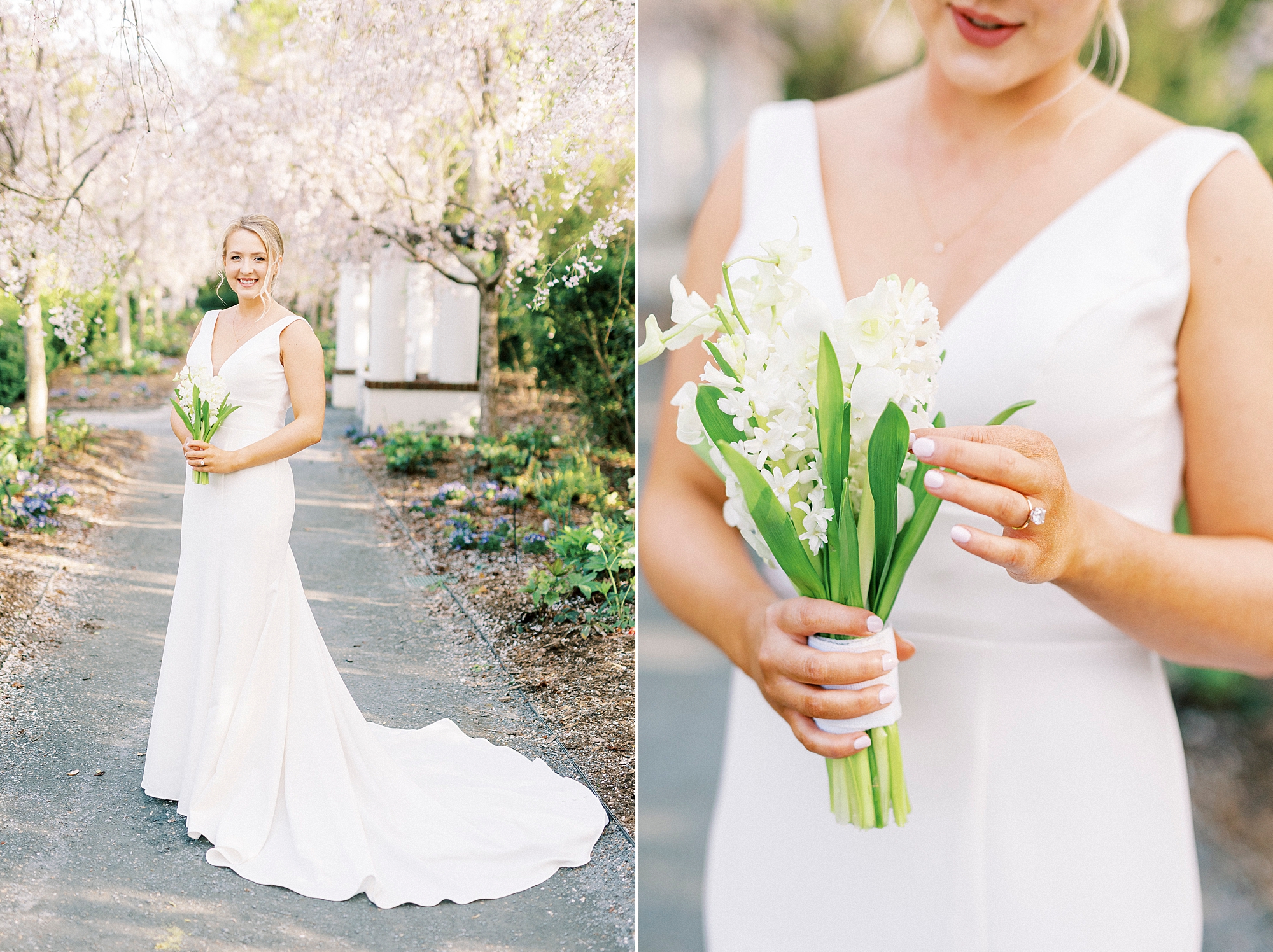 bride holds bouquet of white hyacinths on walkway at Reynolda Gardens