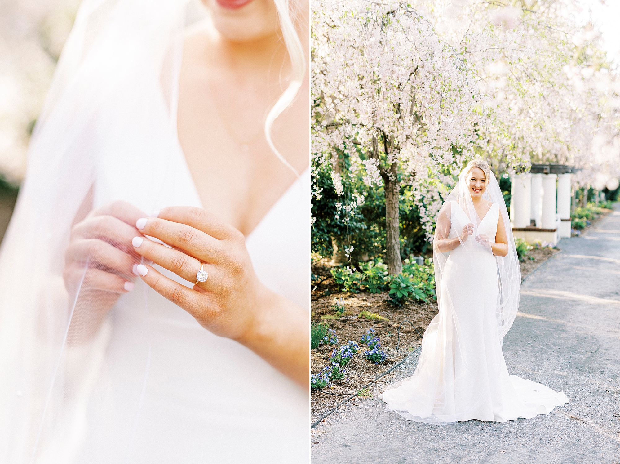 bride holds veil showing off engagement ring