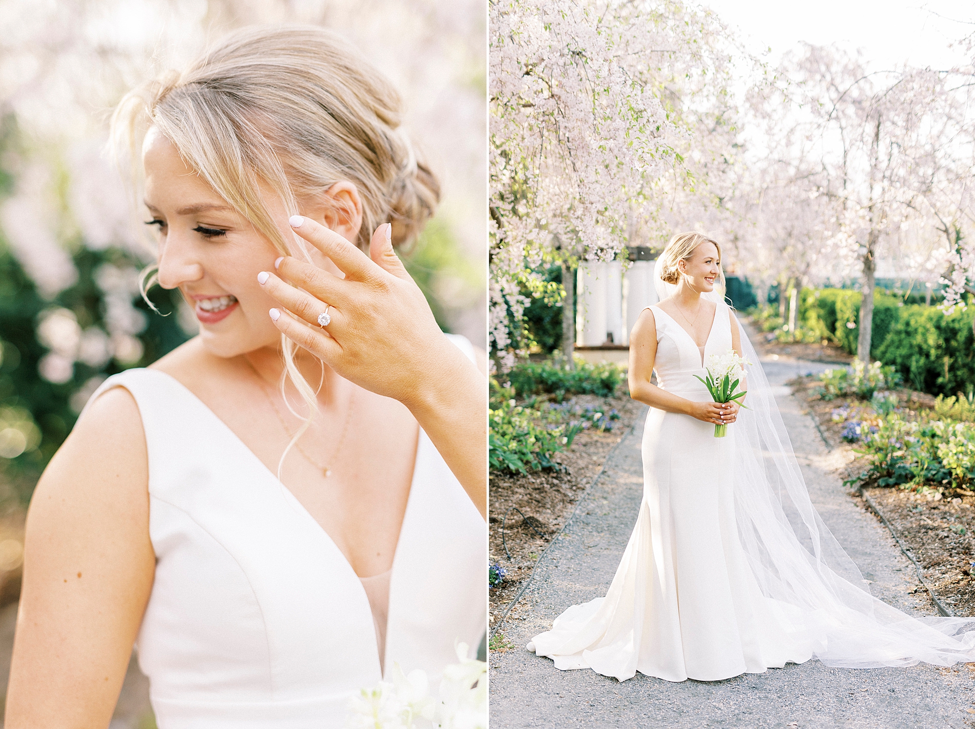 blonde bride pushes hard over her ear standing in gardens