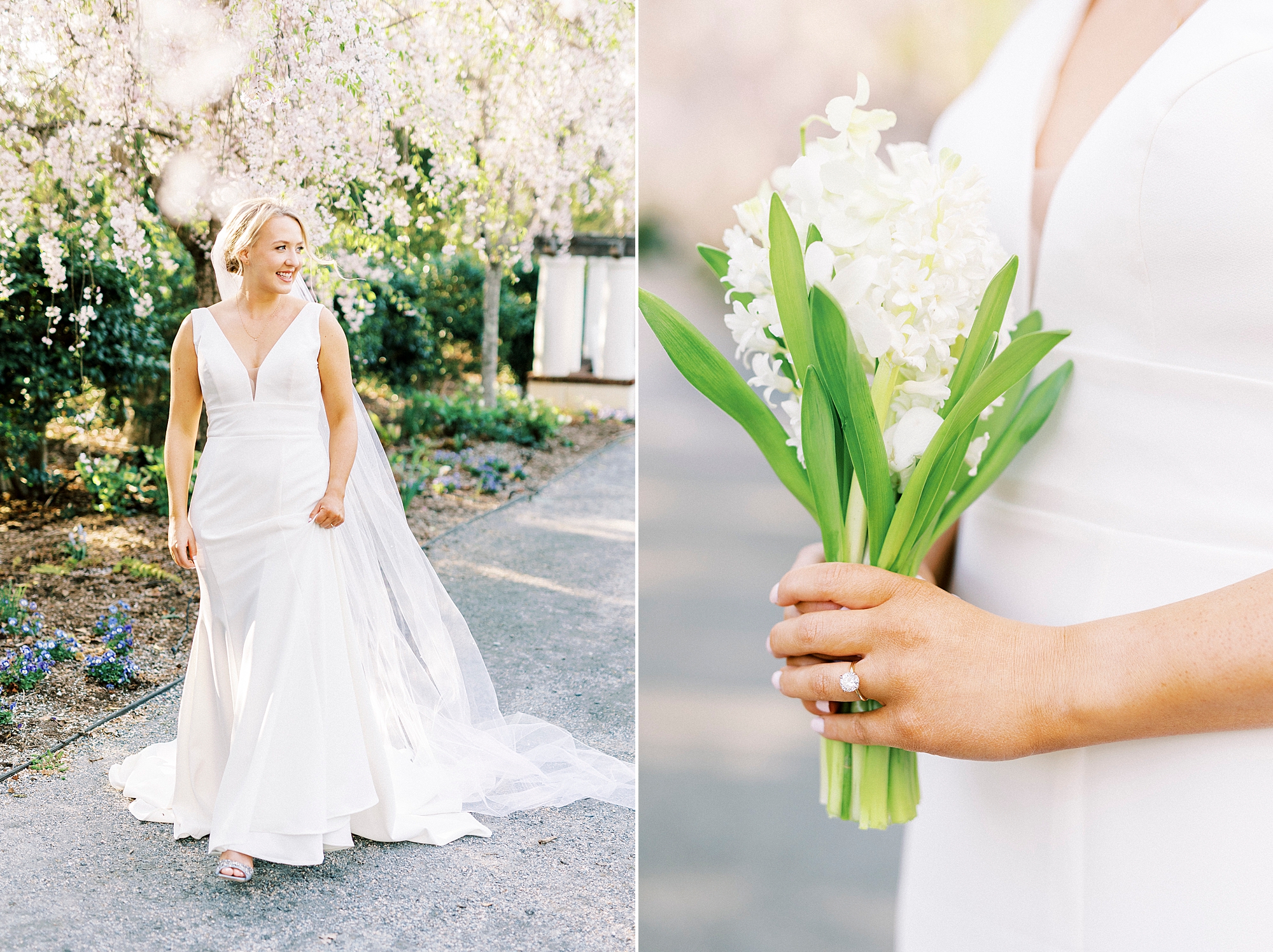 bride holds bouquet of white hyacinths in gardens in Winston Salem NC