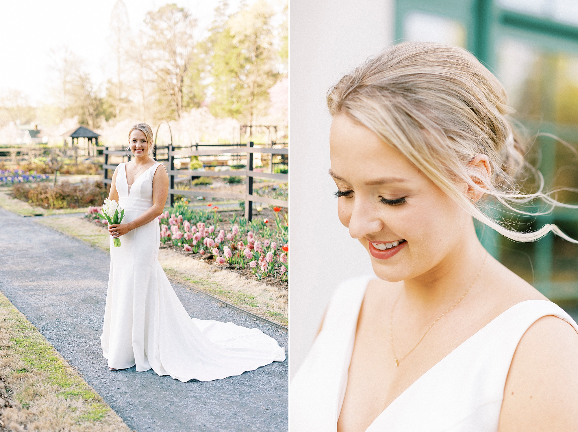 bride grins down in wedding gown with straps