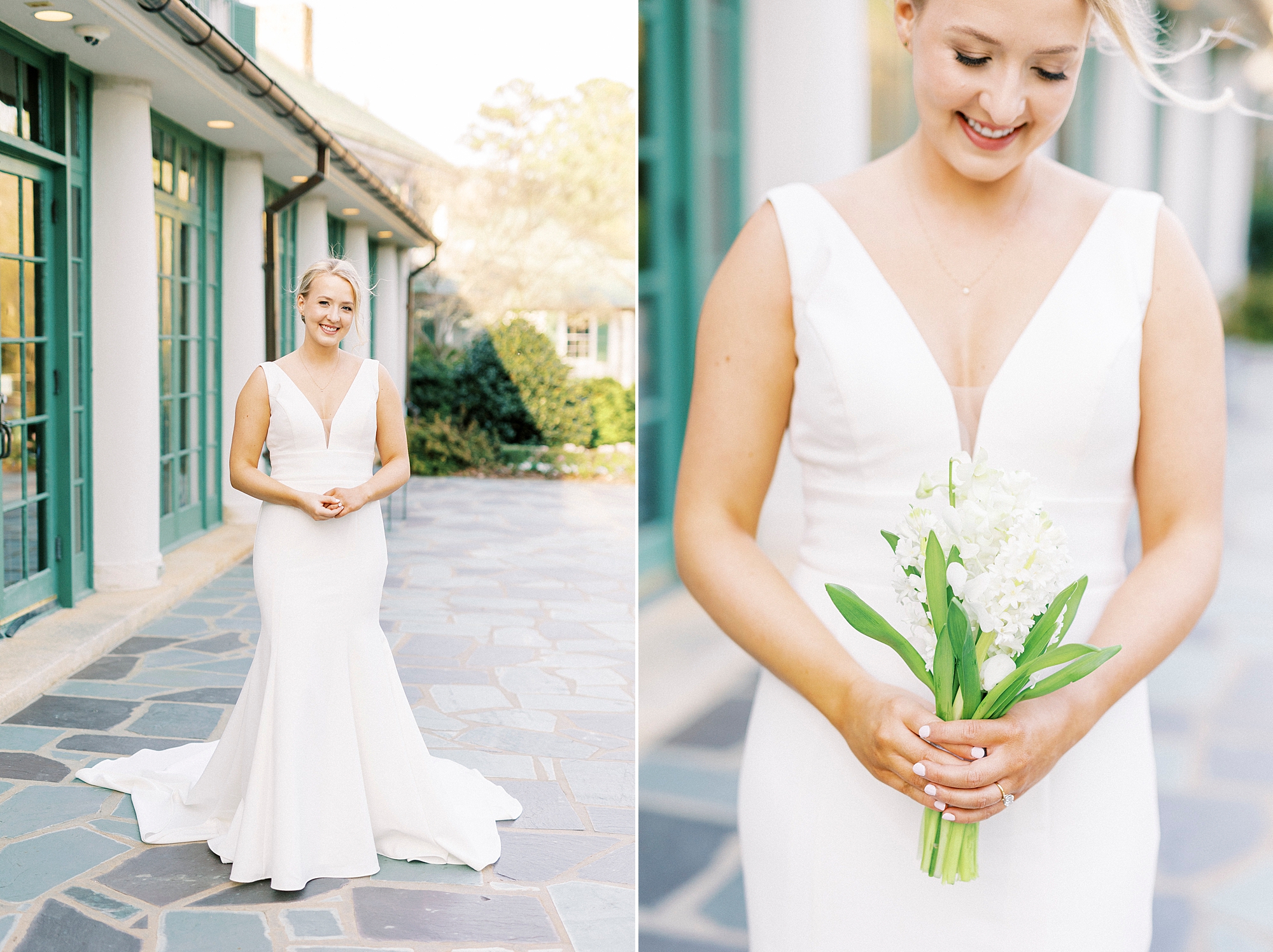bride holds bouquet of white hyacinths at Reynolda Gardens