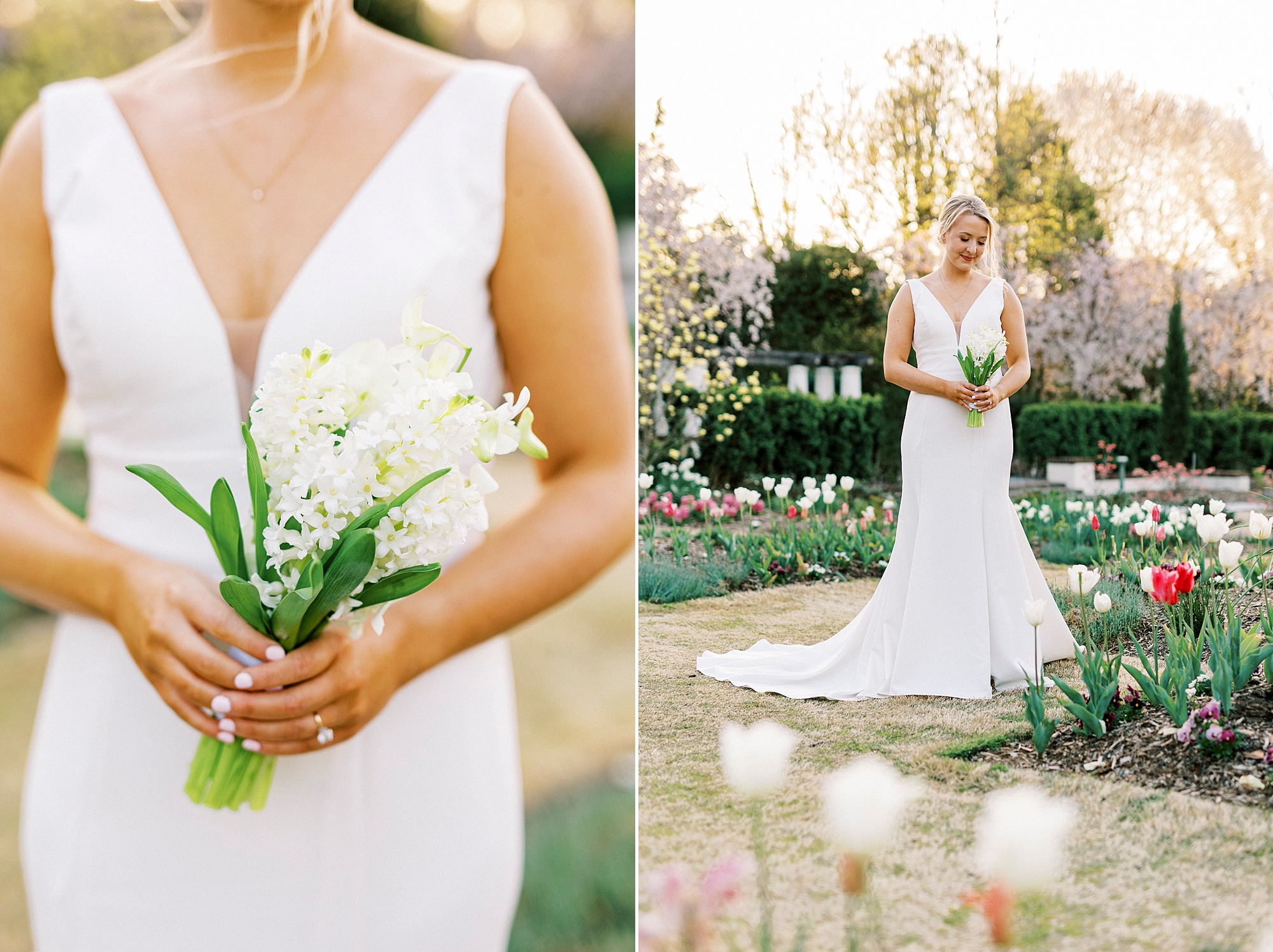 bride holds white bouquet in garden in Winston Salem NC