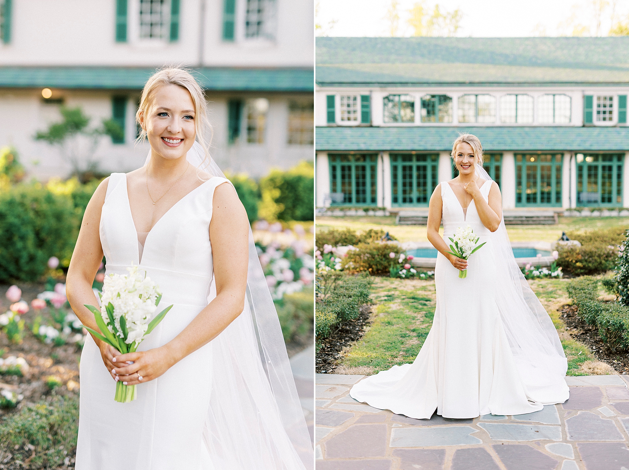 bride grins in walkway outside home in Winston Salem NC