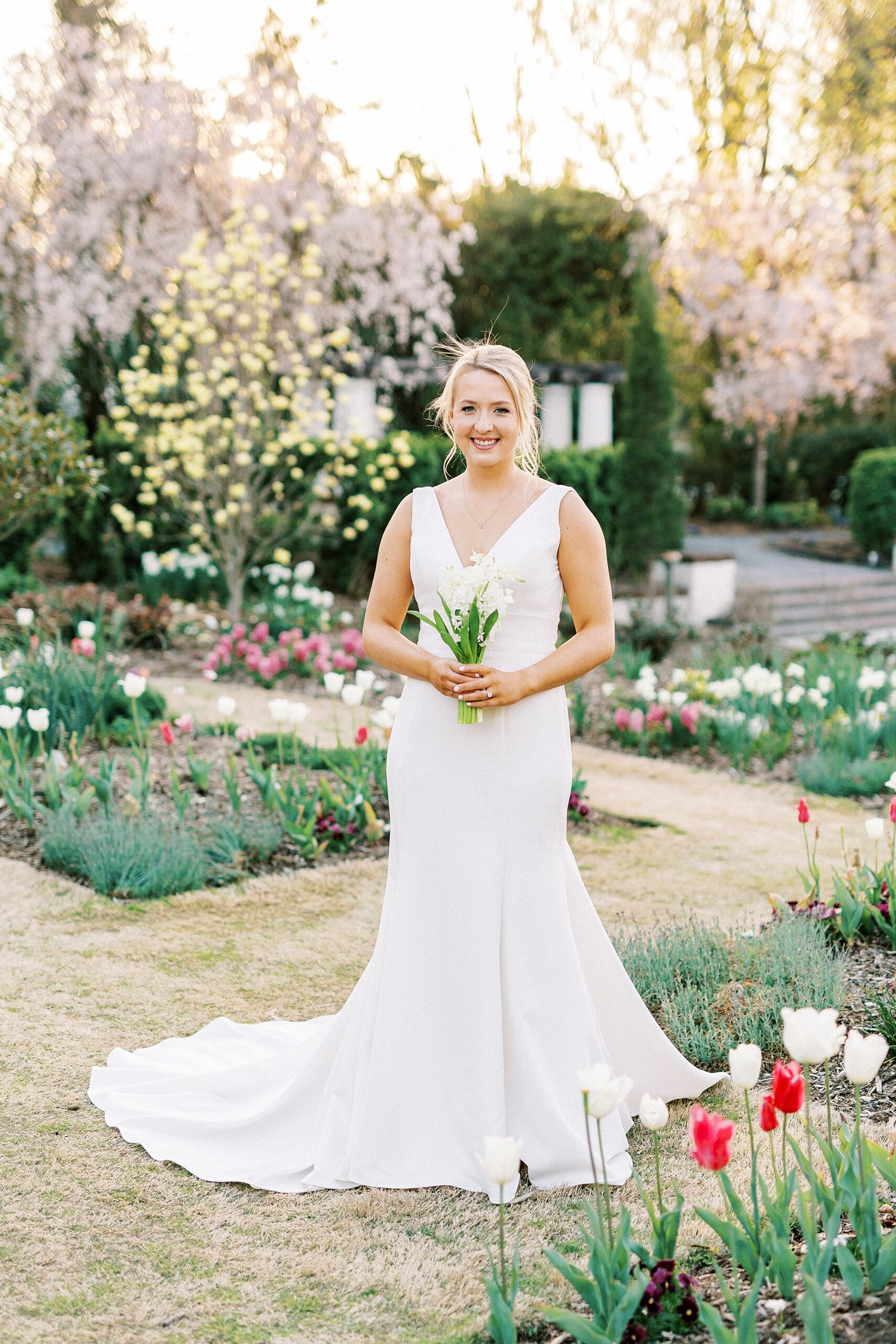 bride poses among red and white tulips at Reynolda Gardens
