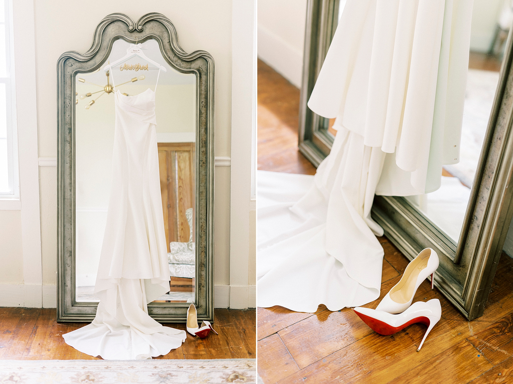 bride's dress hangs on mirror with Louboutin shoes on floor at the Venues at Langtree