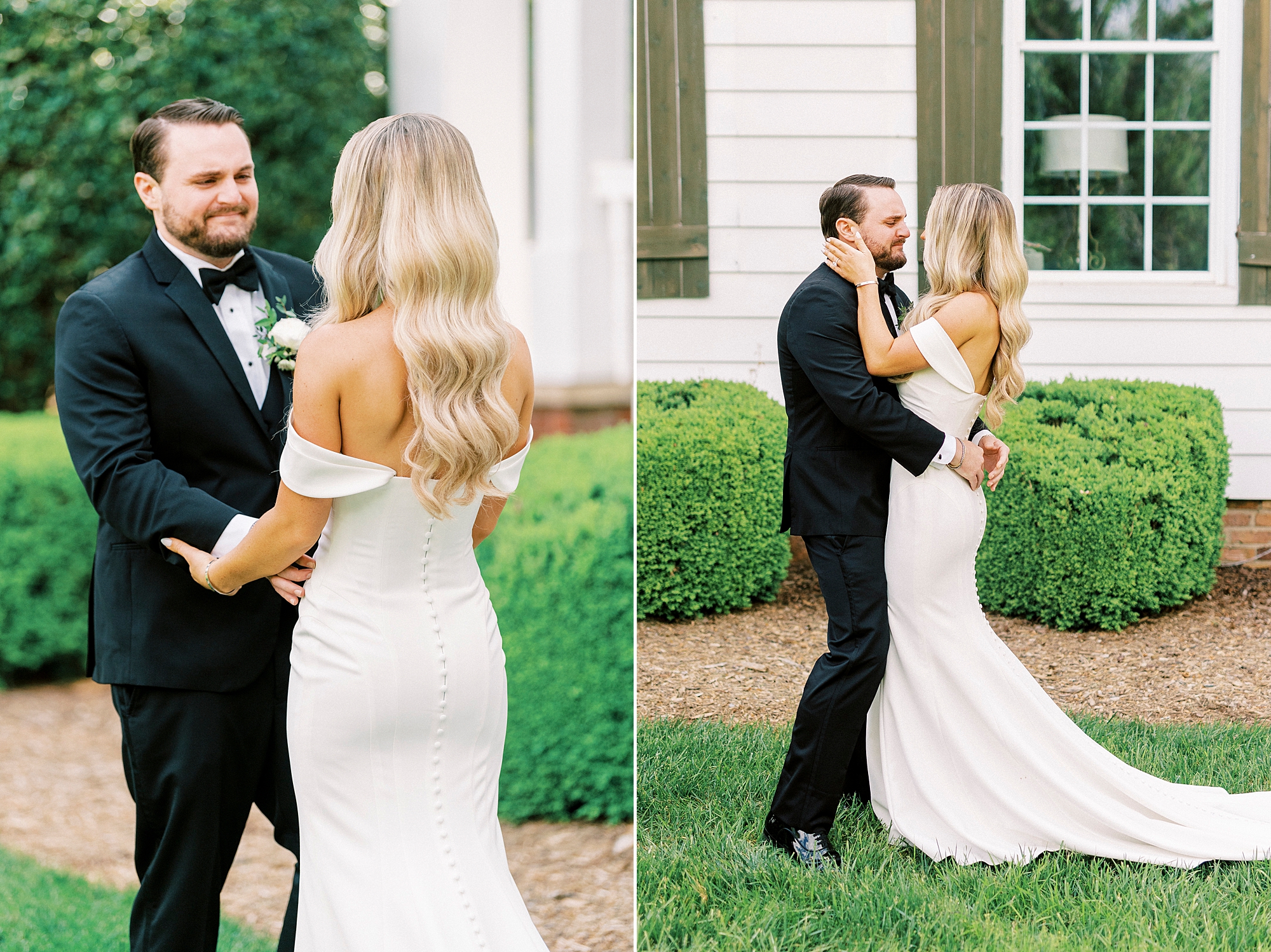 bride and groom move to hug during first look outside the Venues at Langtree