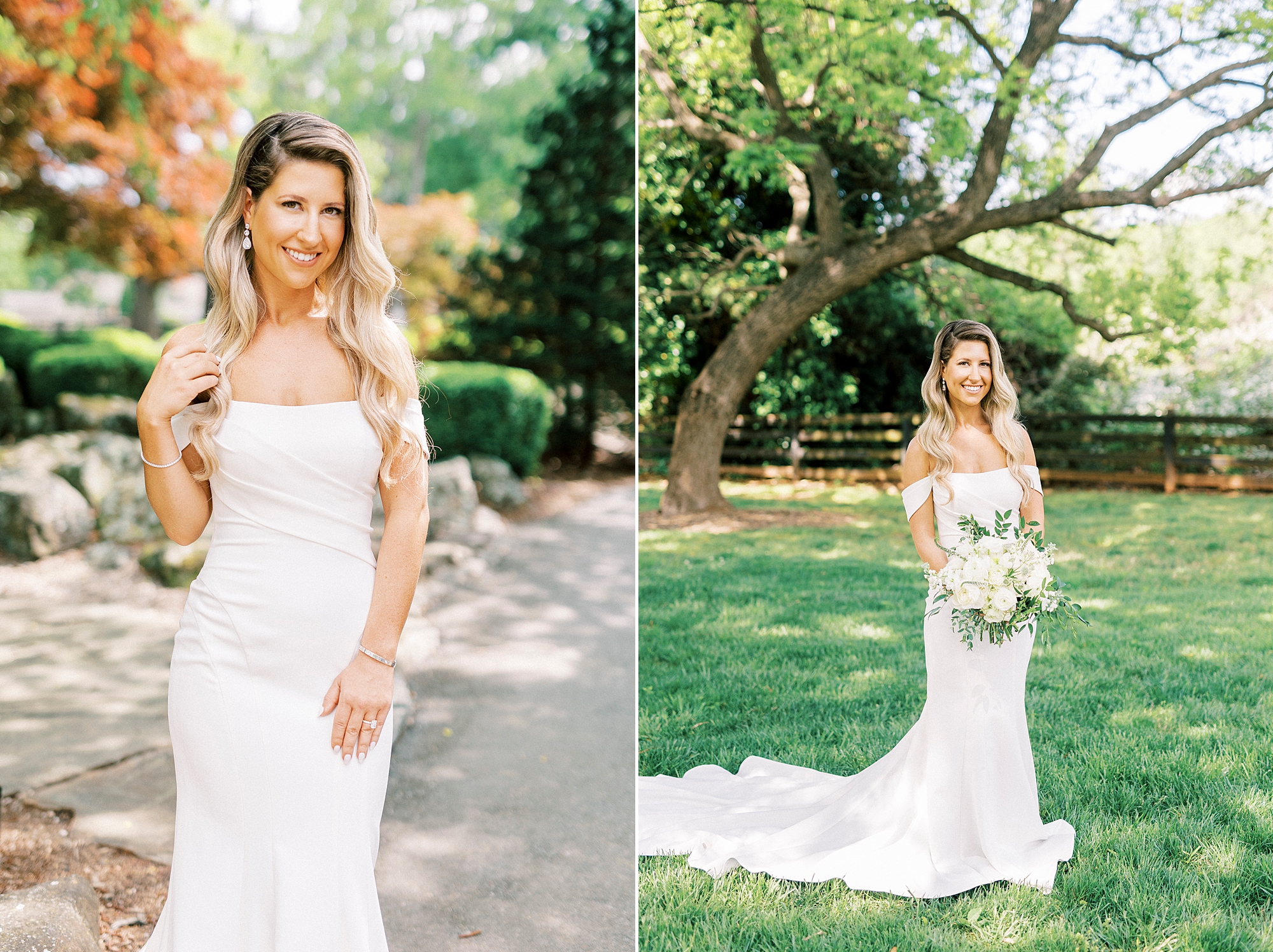 blonde woman pushes hair over shoulder in off-the-shoulder wedding gown