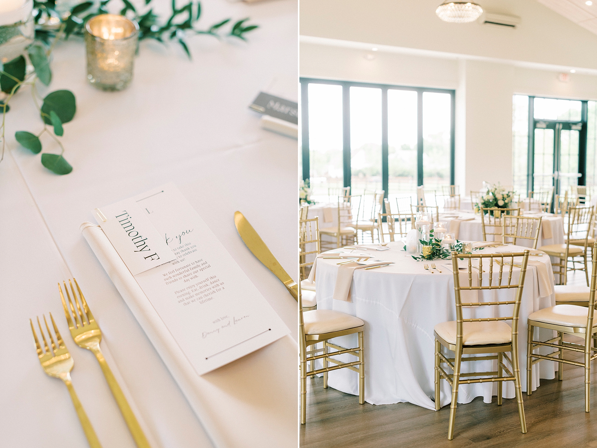 wedding reception at the Venues at Langtree with gold forks and white napkins