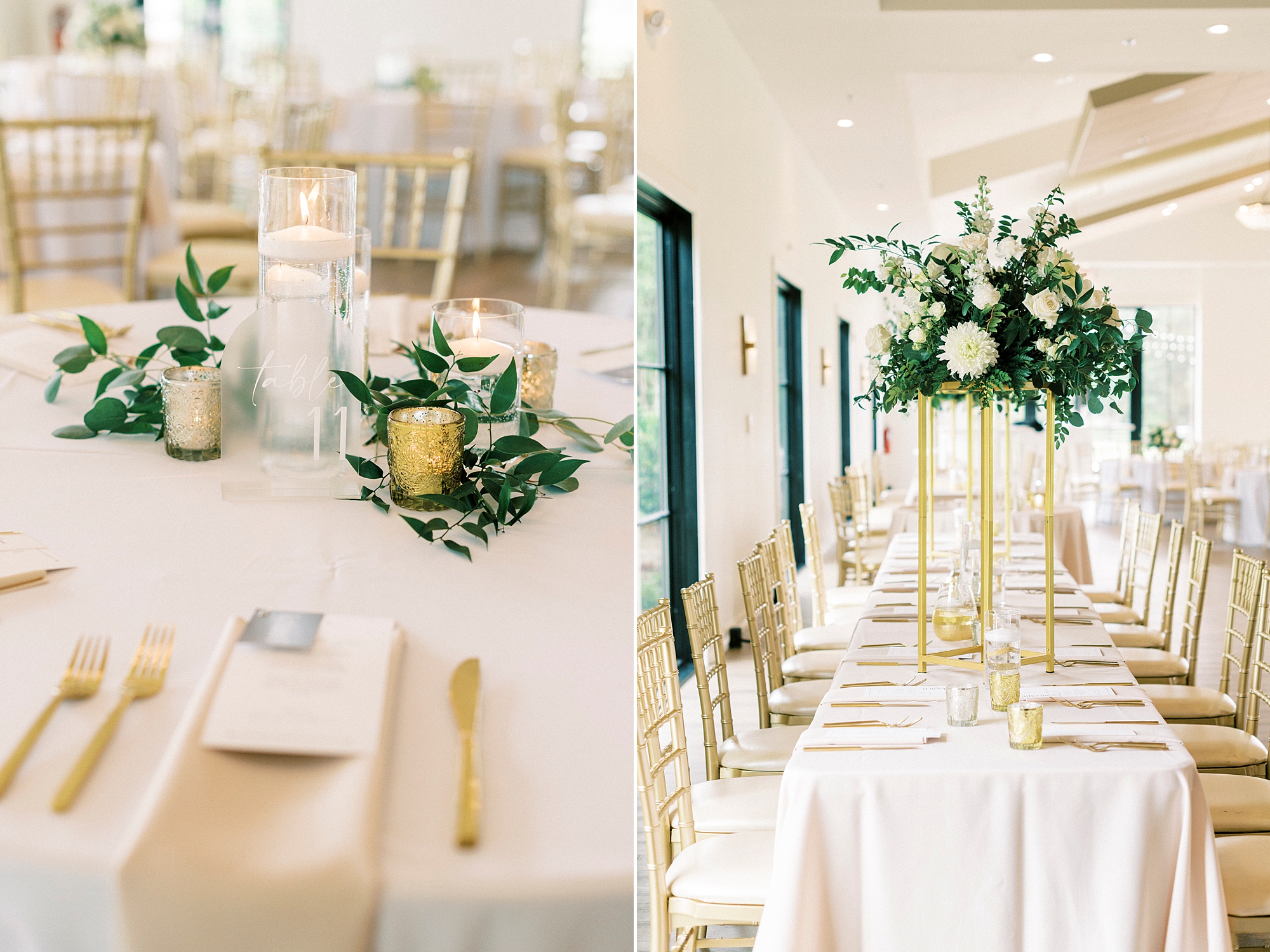 elegant wedding reception with green, white, and gold accents at the Venues at Langtree