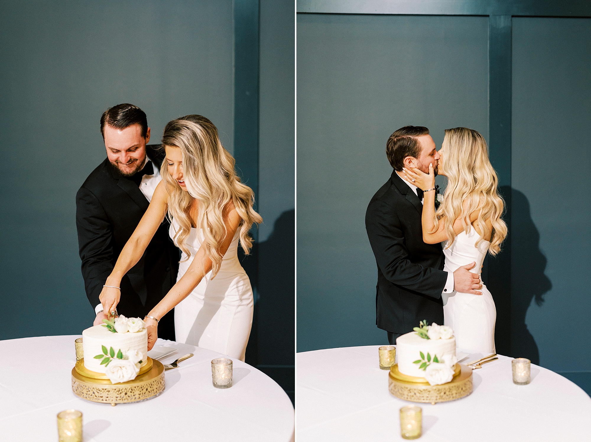 bride and groom cut wedding cake and kiss at NC reception