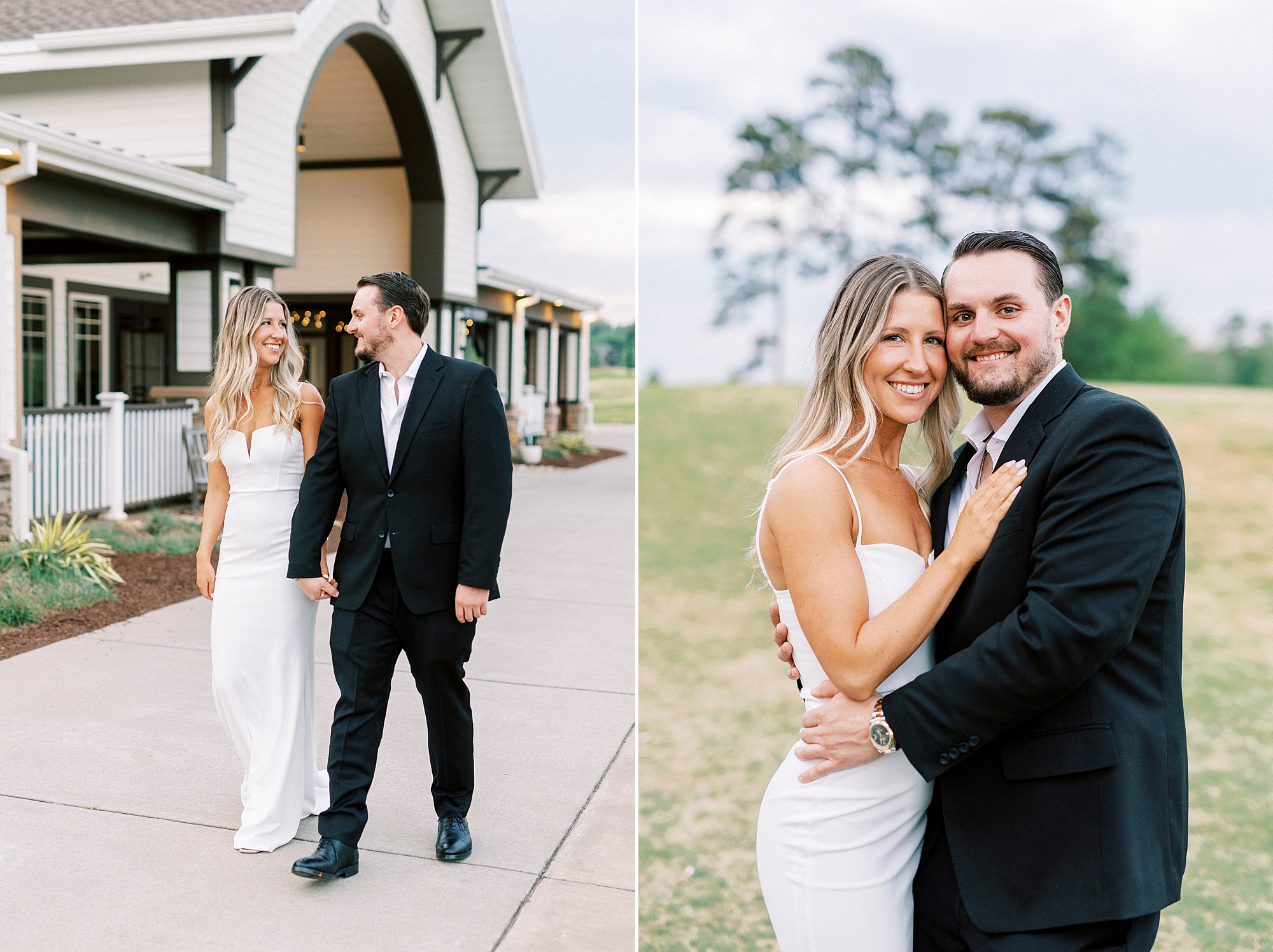 bride and groom walk outside the Venues at Langtree holding hands