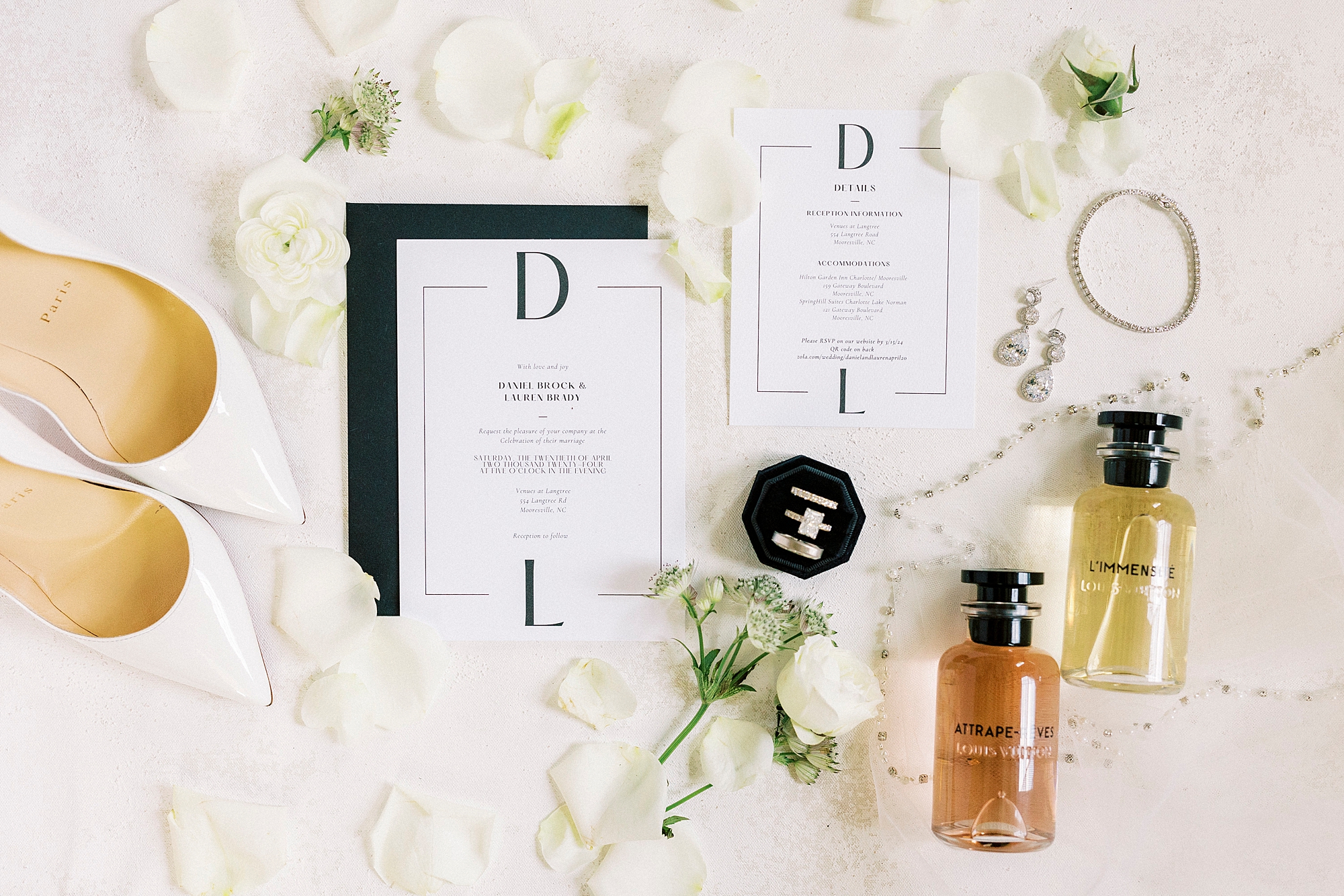 black and white invitation suite for elegant spring wedding at the Venues at Langtree