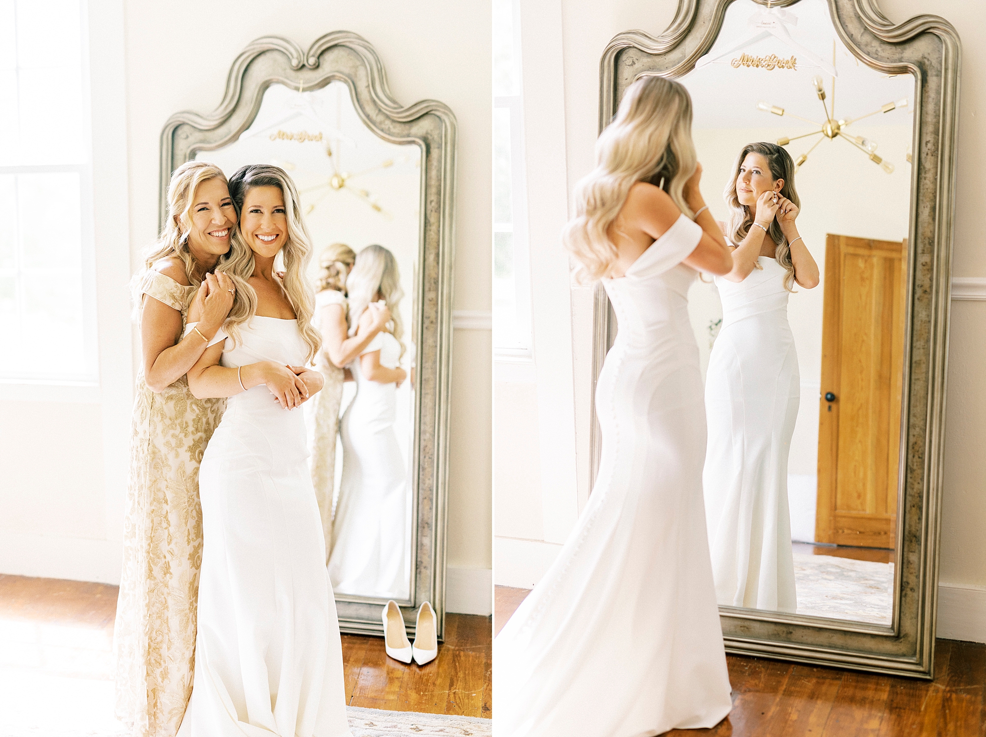 mother hugs bride after helping her with wedding gown