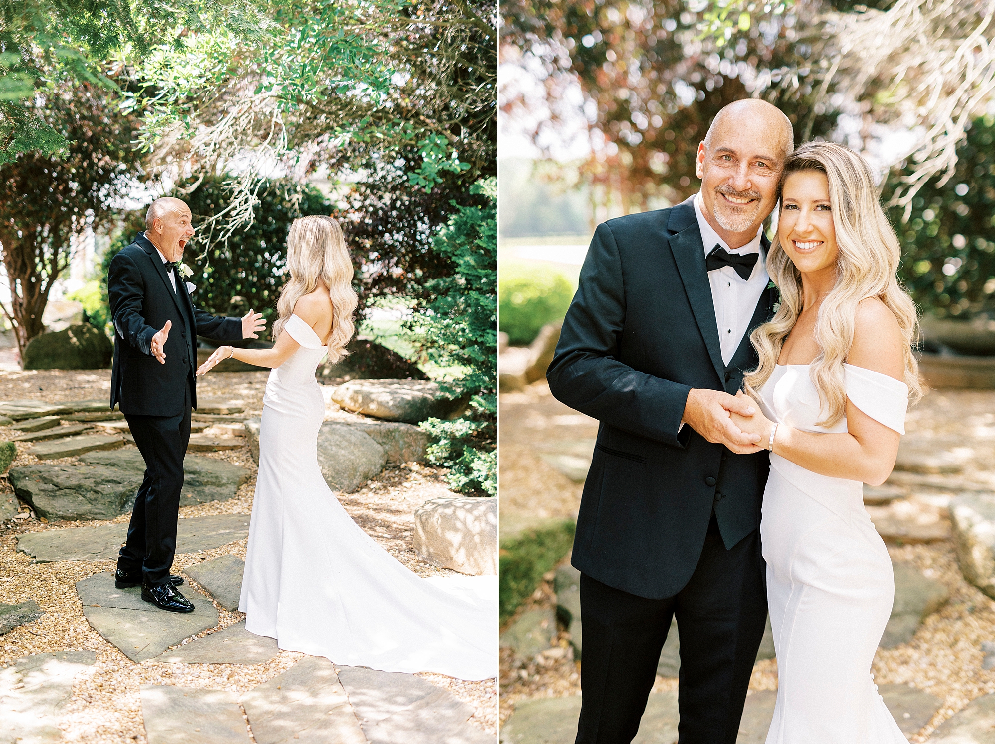 bride has first look with dad on patio at the Venues at Langtree