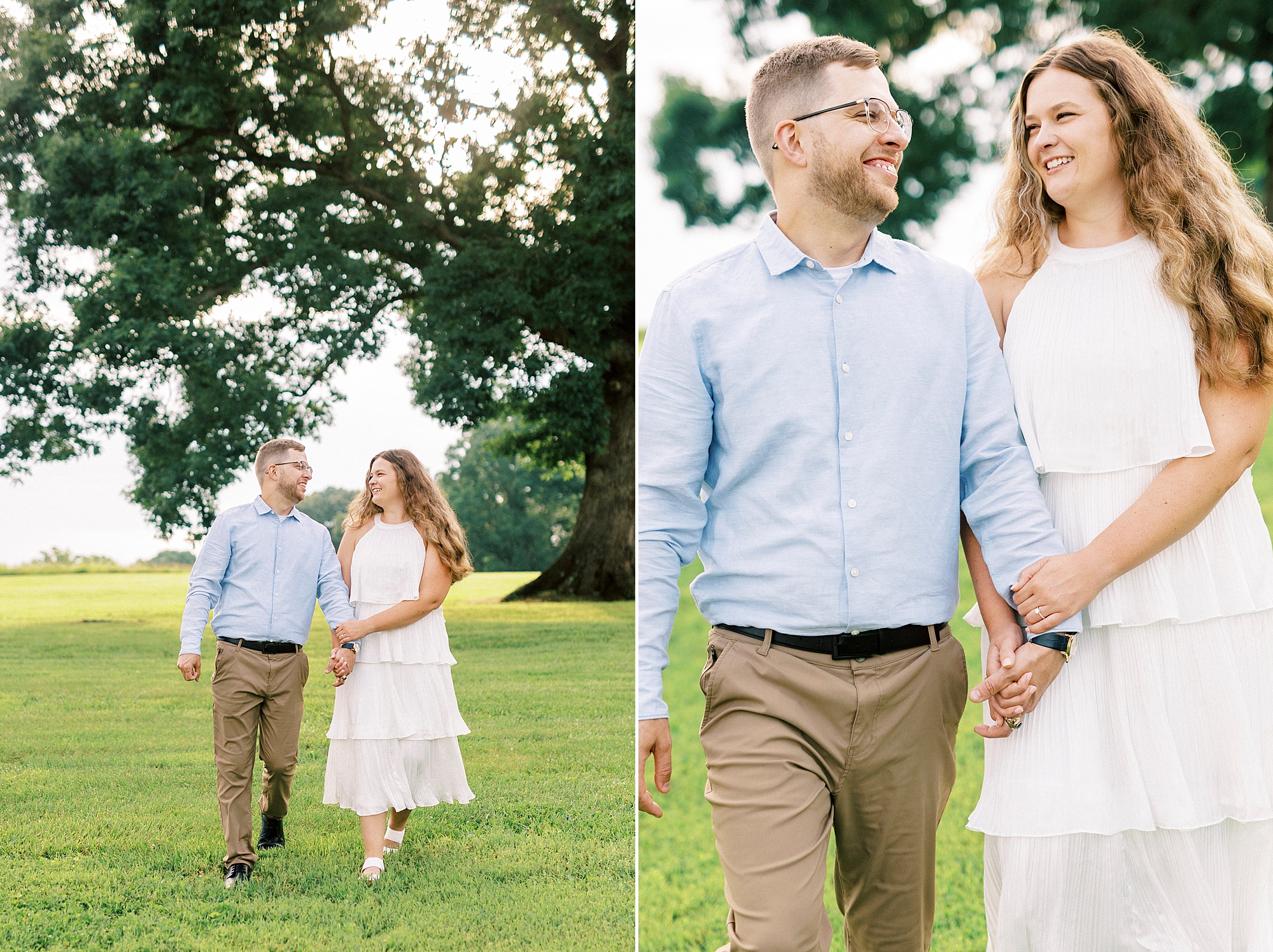 woman in white summer dress holds man's hand walking down hill at Summerfield Farms