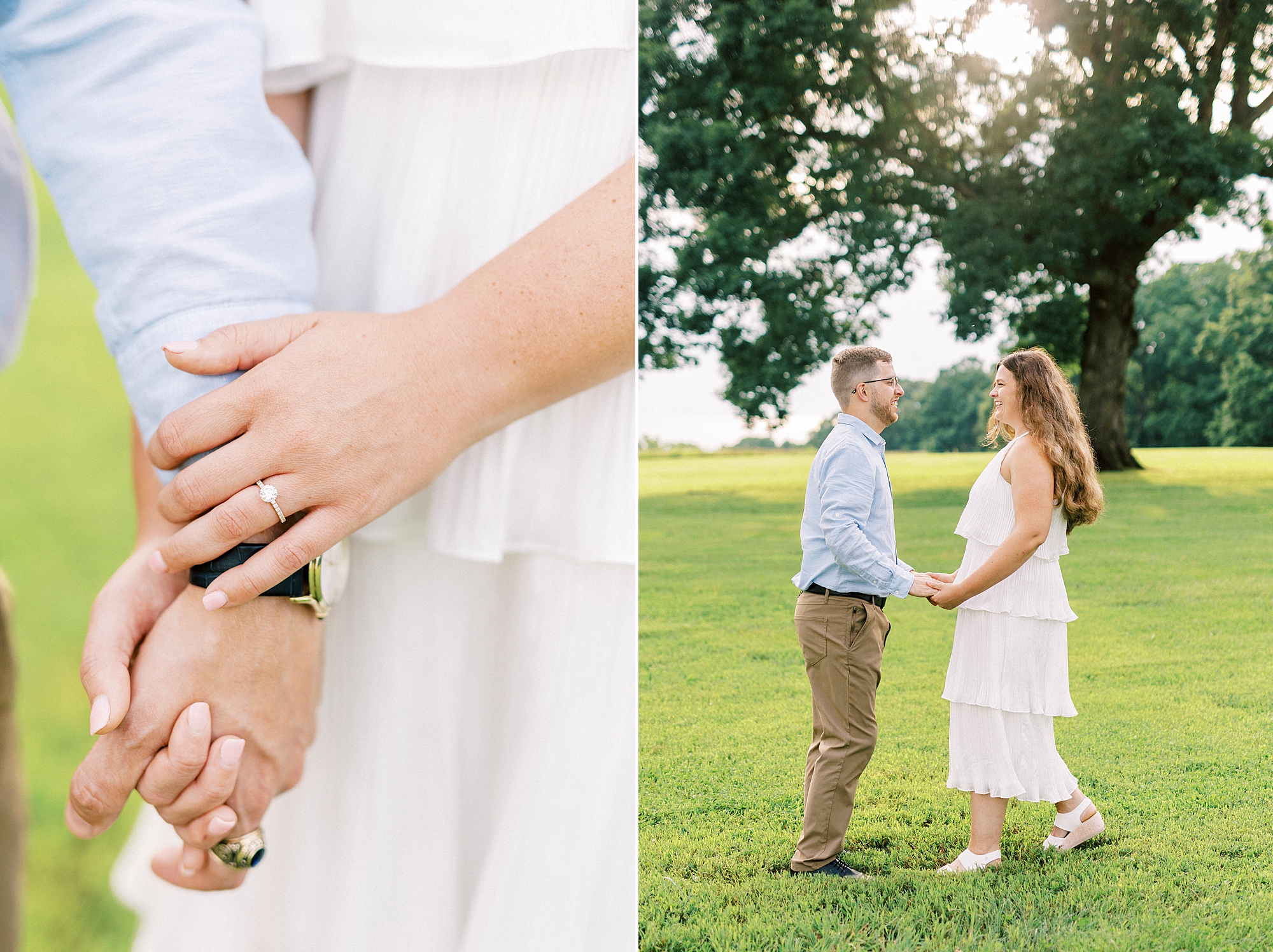 bride and groom hold hands on lawn at Summerfield Farms by oak tree
