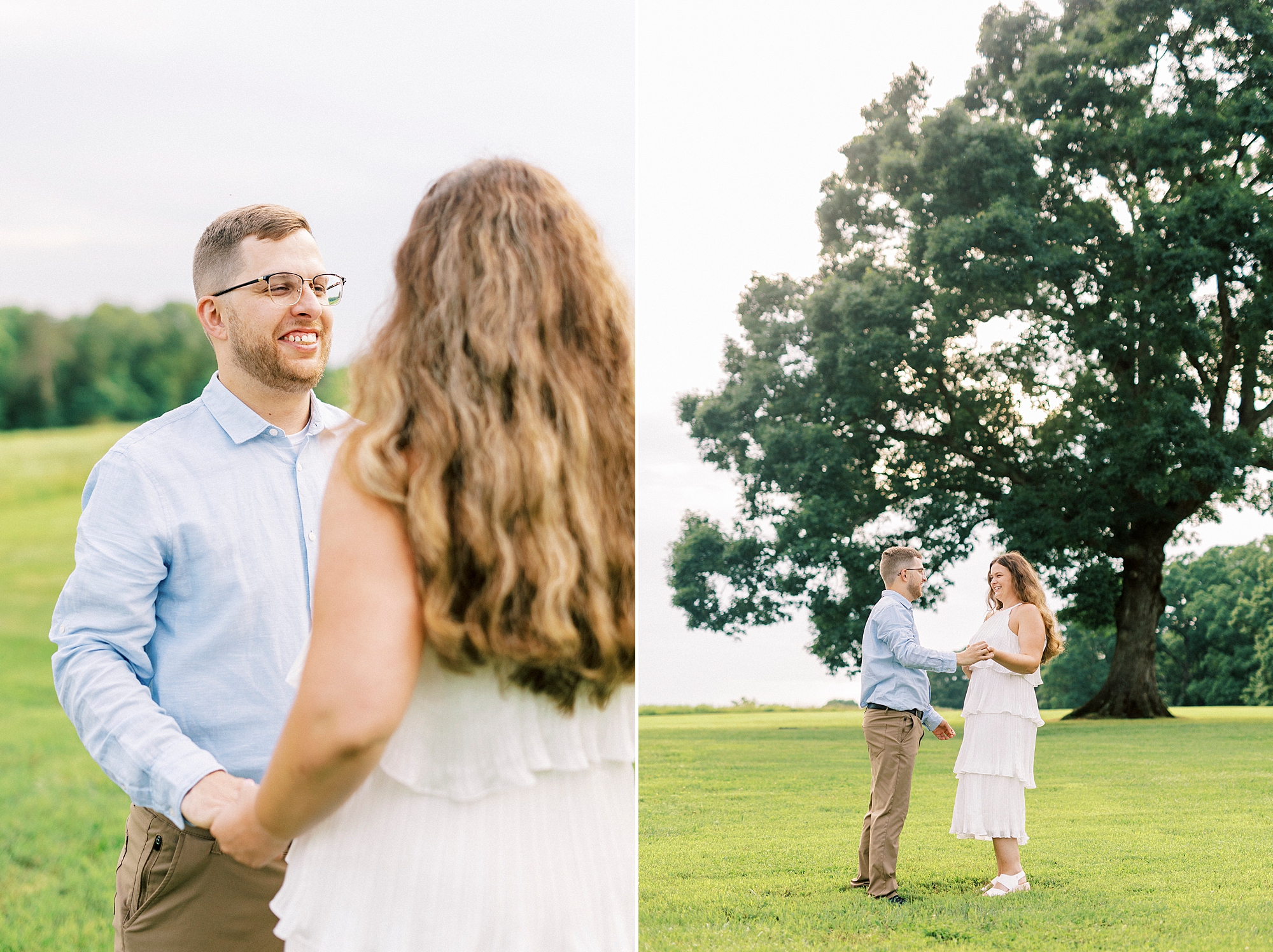 man in blue shirt smiles at fiancee near oak tree