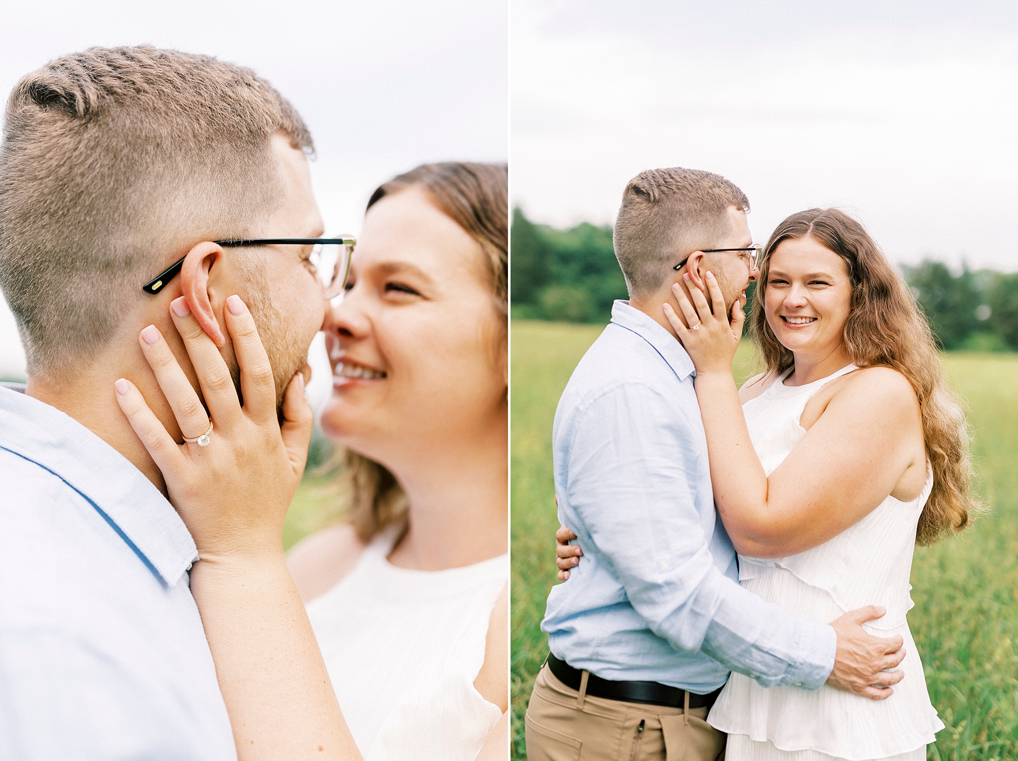 woman holds man's jaw showing off engagement ring