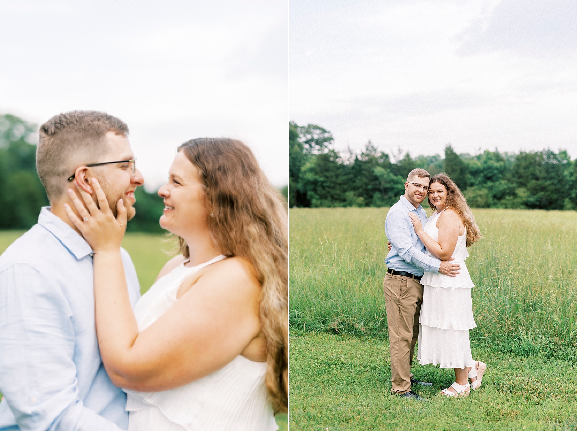 couple hugs on edge of field of grass hugging while woman holds man's jaw
