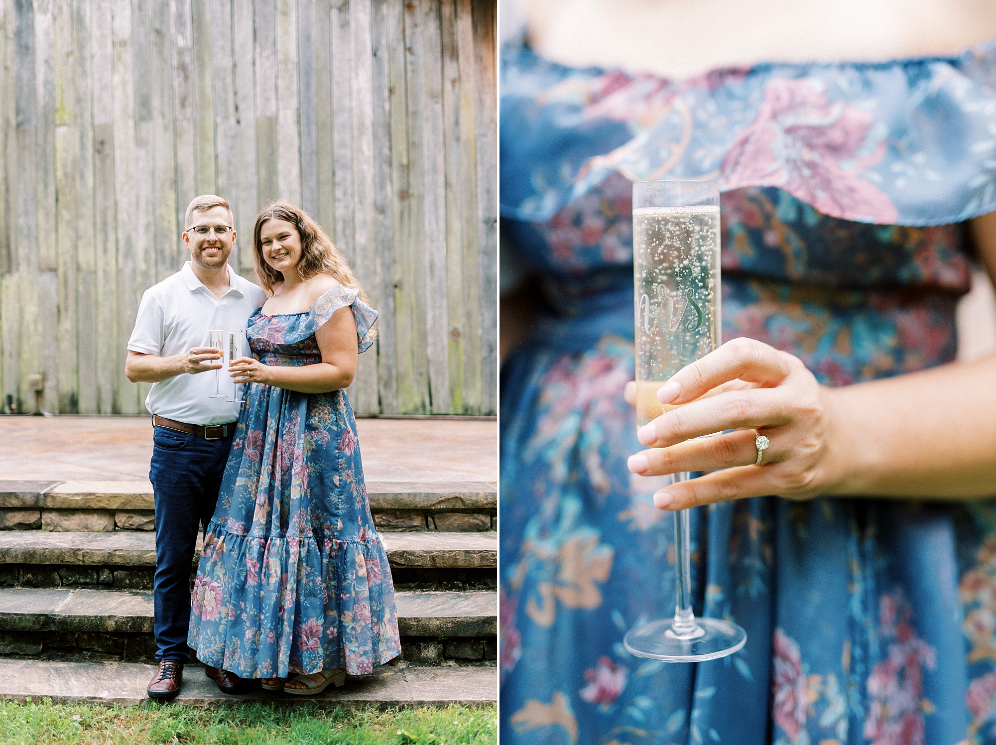 woman in blue floral dress holds glass of champagne near barn