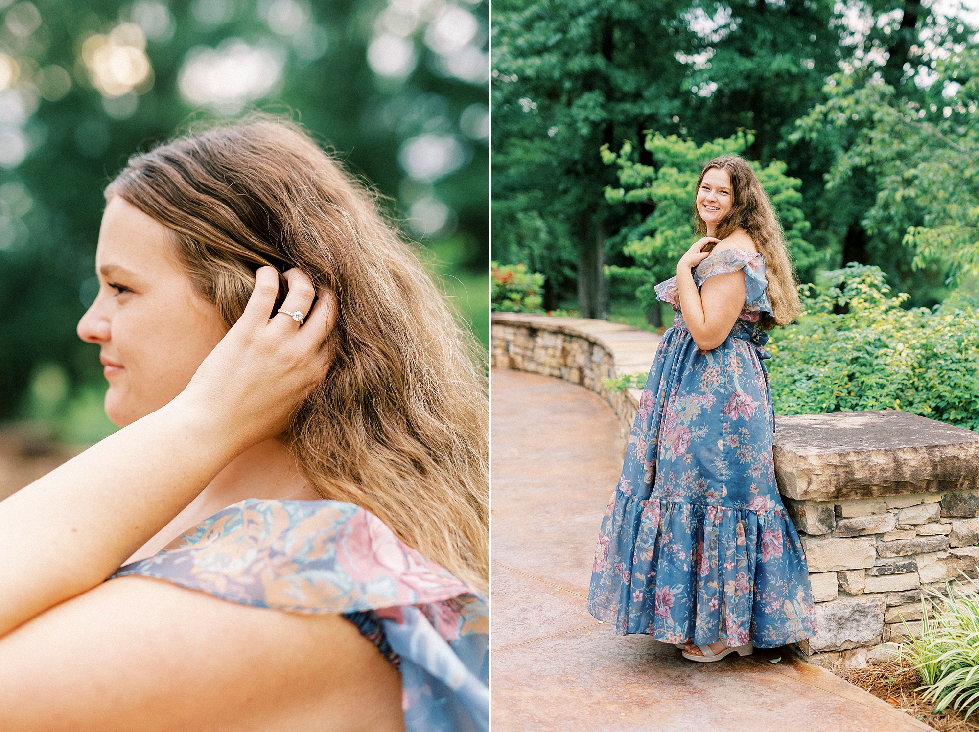 brunette woman in blue dress pushes hair back over her ear