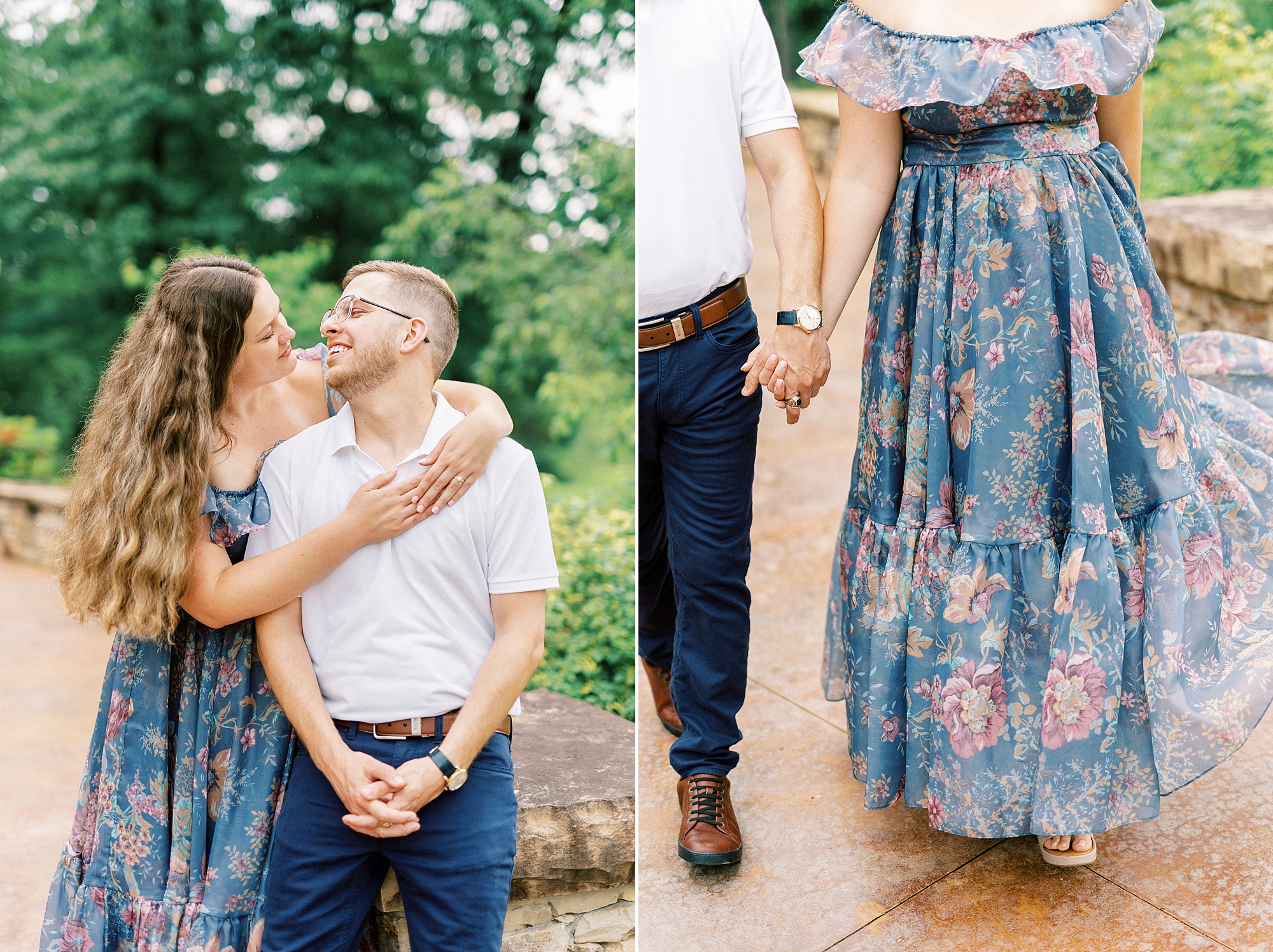 engaged couple holds hands walking on brick patio at Summerfield Farms