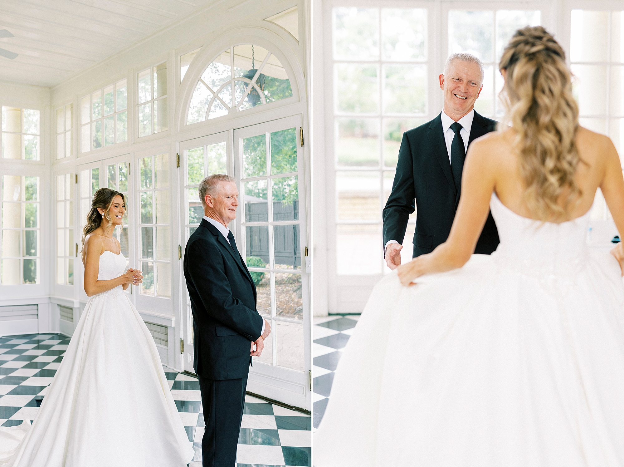 bride approaches father for first look inside sunroom at Separk Mansion