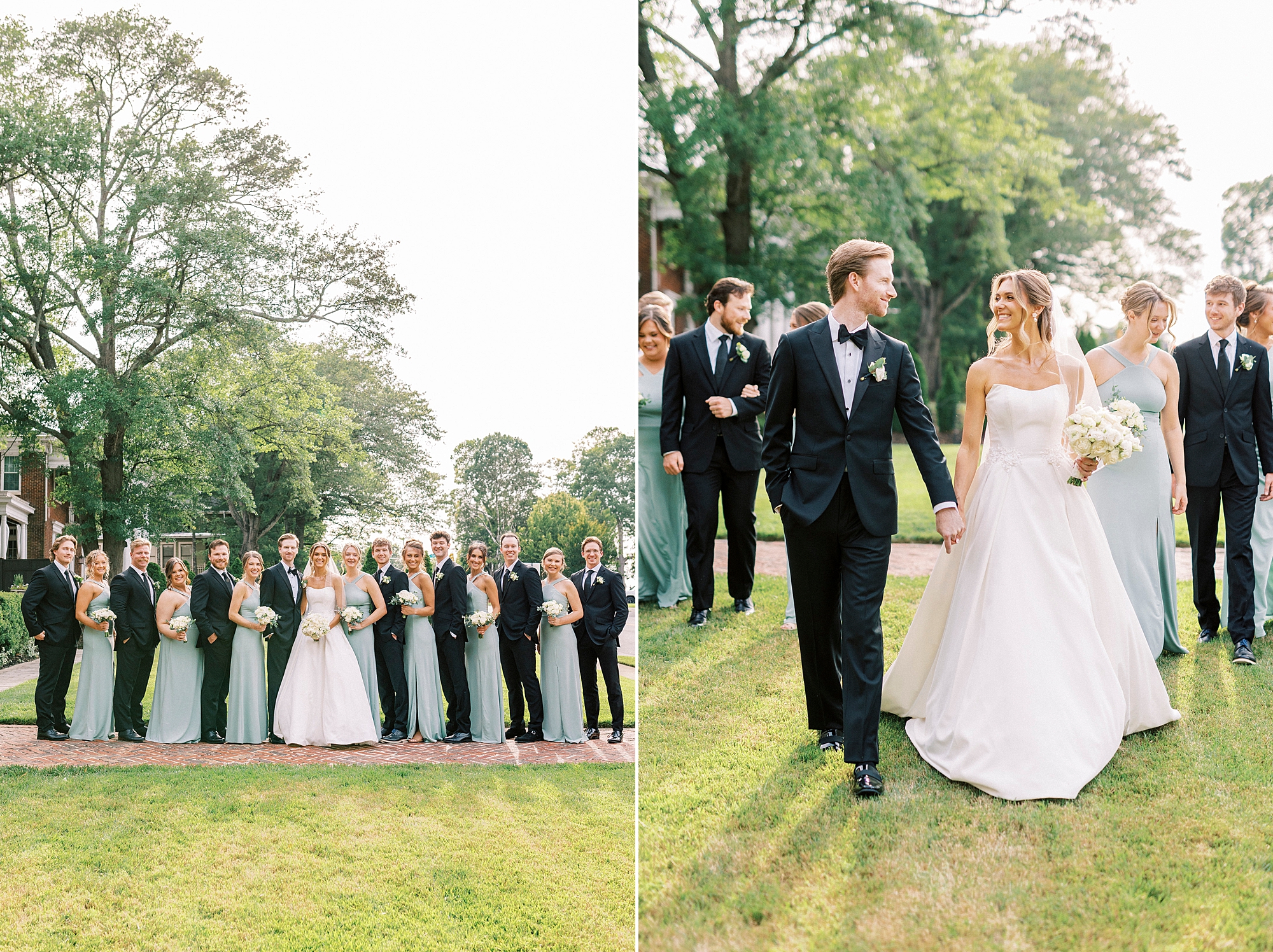 newlyweds hold hands walking with wedding party on lawn at Separk Mansion