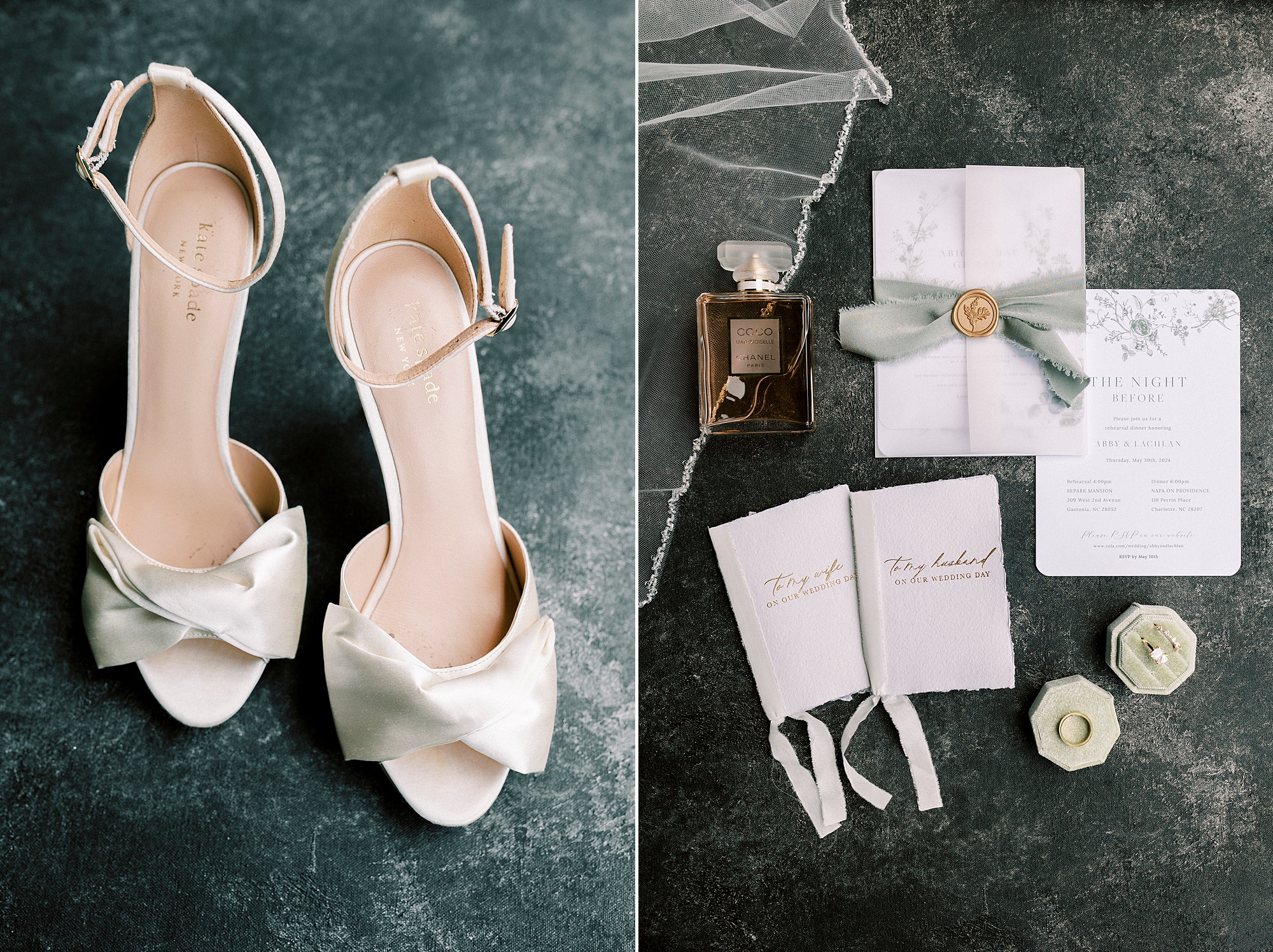 bride's white shoes and invention suite on velvet backdrop