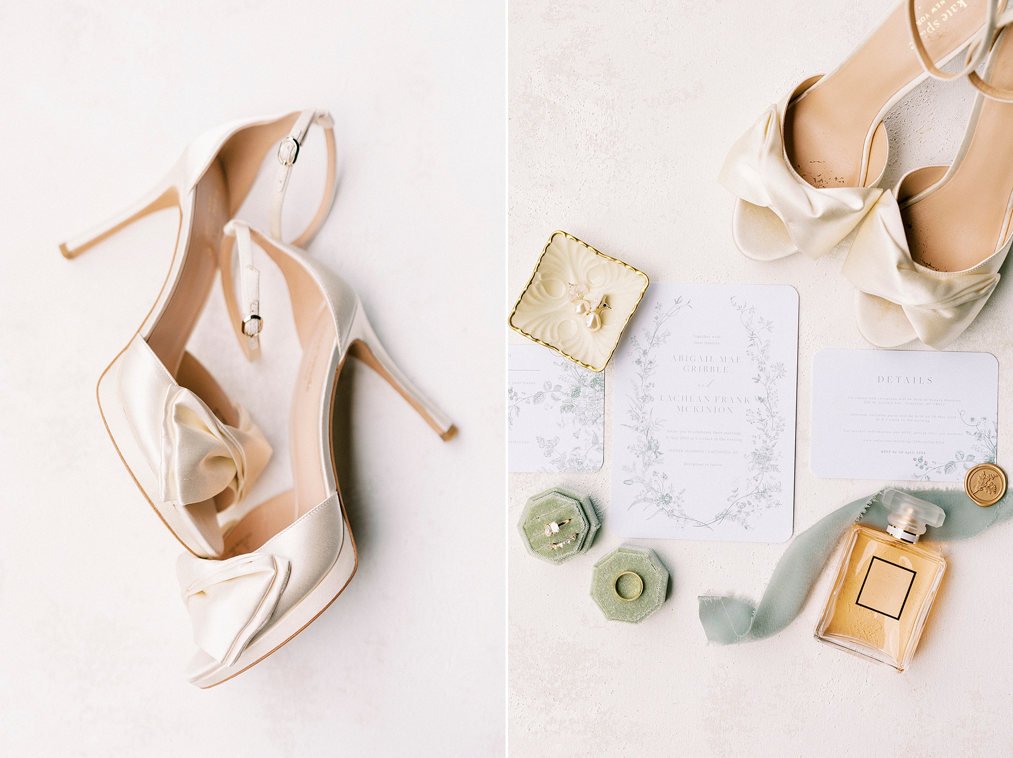 bride's ivory shoes and jewelry in sage green ring boxes 
