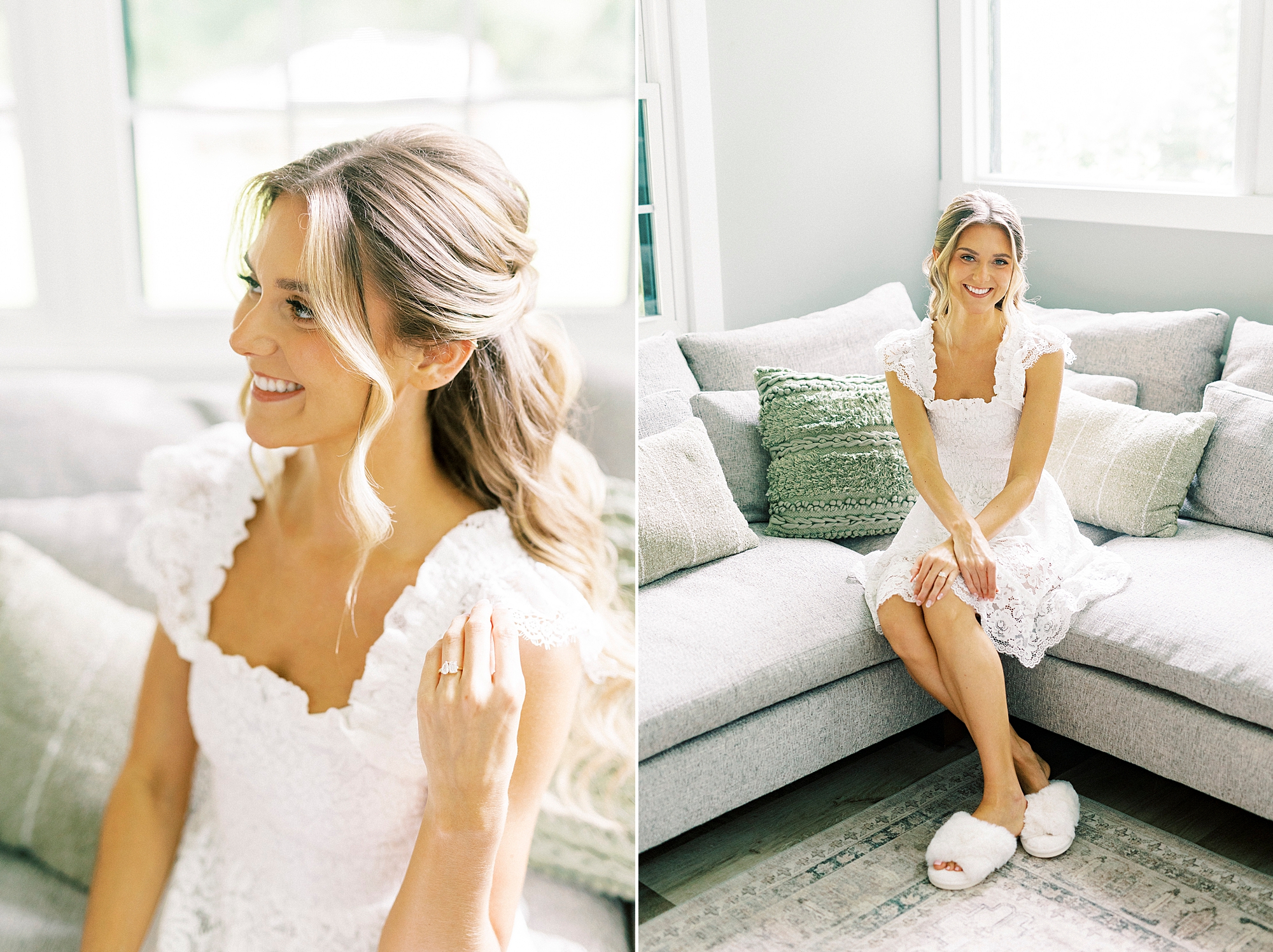 bride sits in white pajamas on couch in bridal suite of Separk Mansion