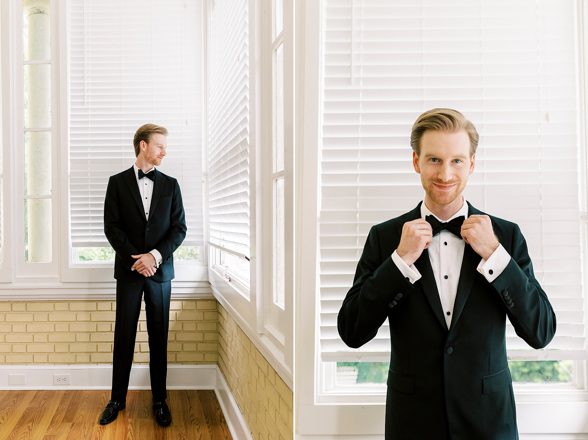 groom adjusts bow tie of black suit in suite at Separk Mansion