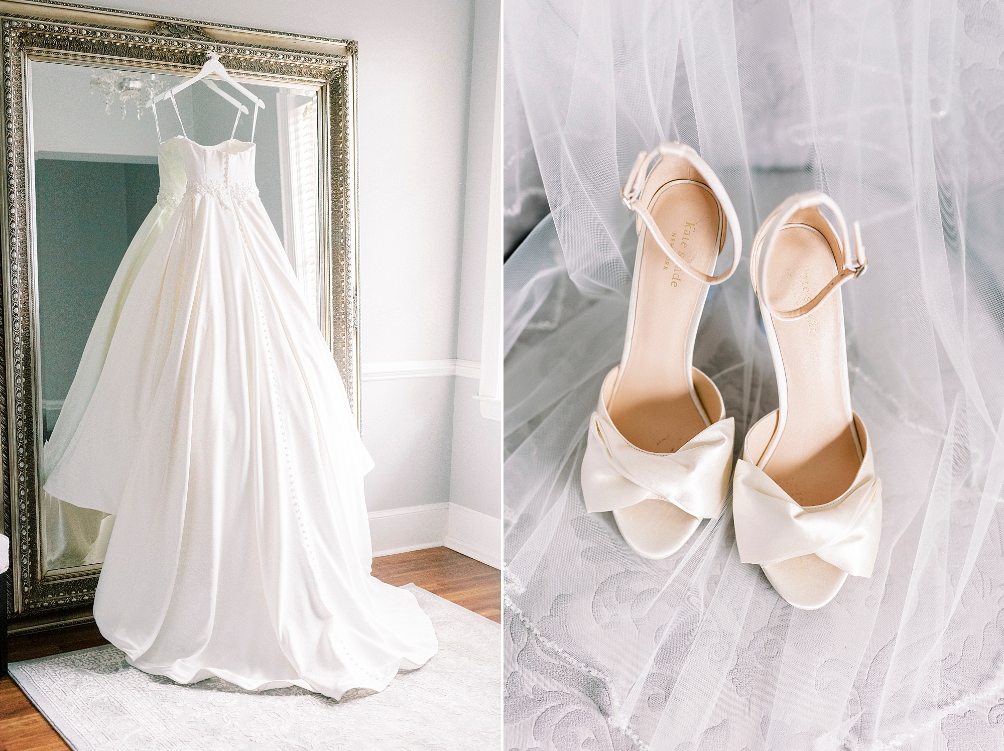 bride's shoes sit on veil while dress hangs on gold mirror