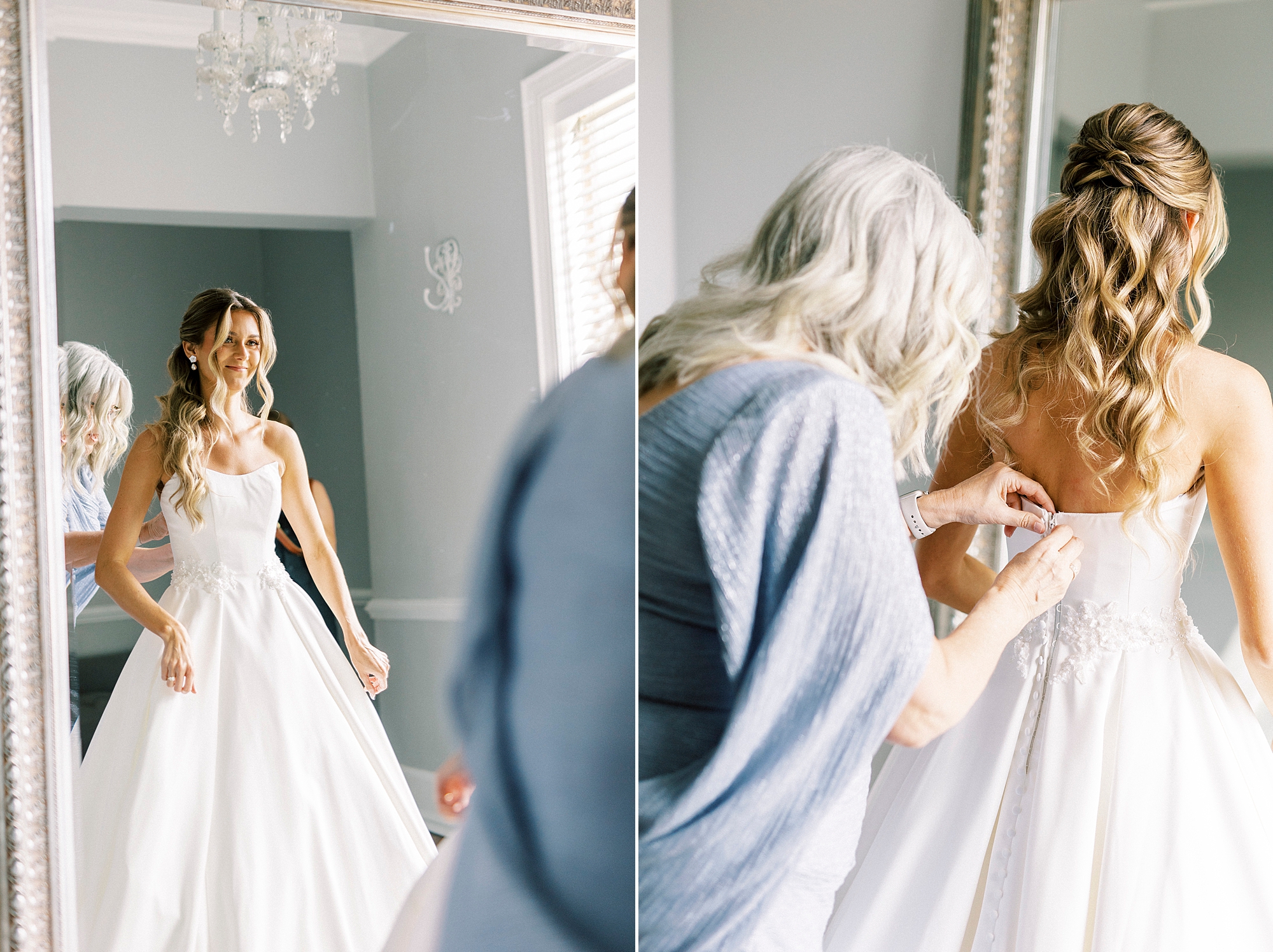 mother helps bride into wedding dress in suite at Separk Mansion