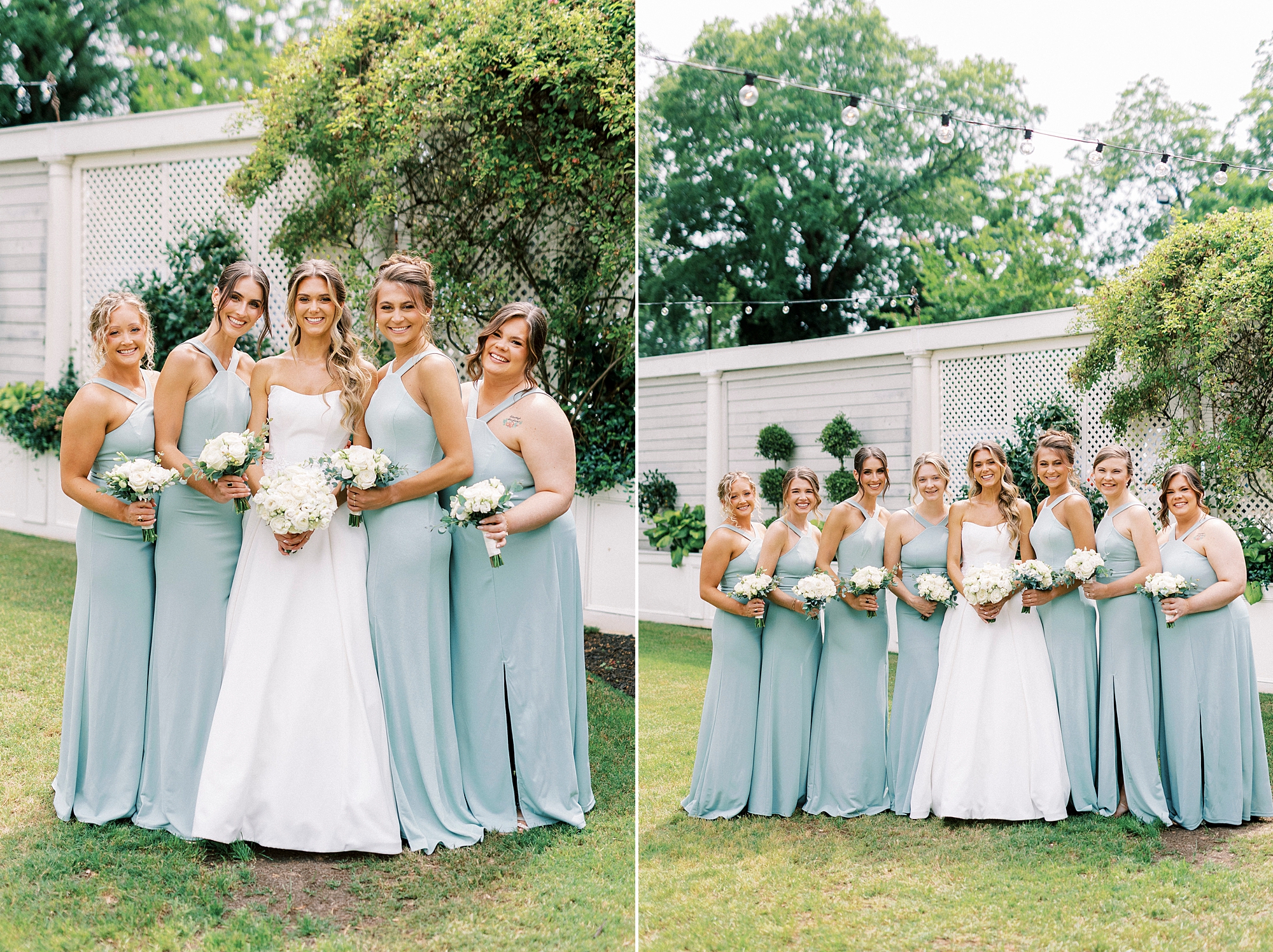bride stands with bridesmaids in light bleu gowns