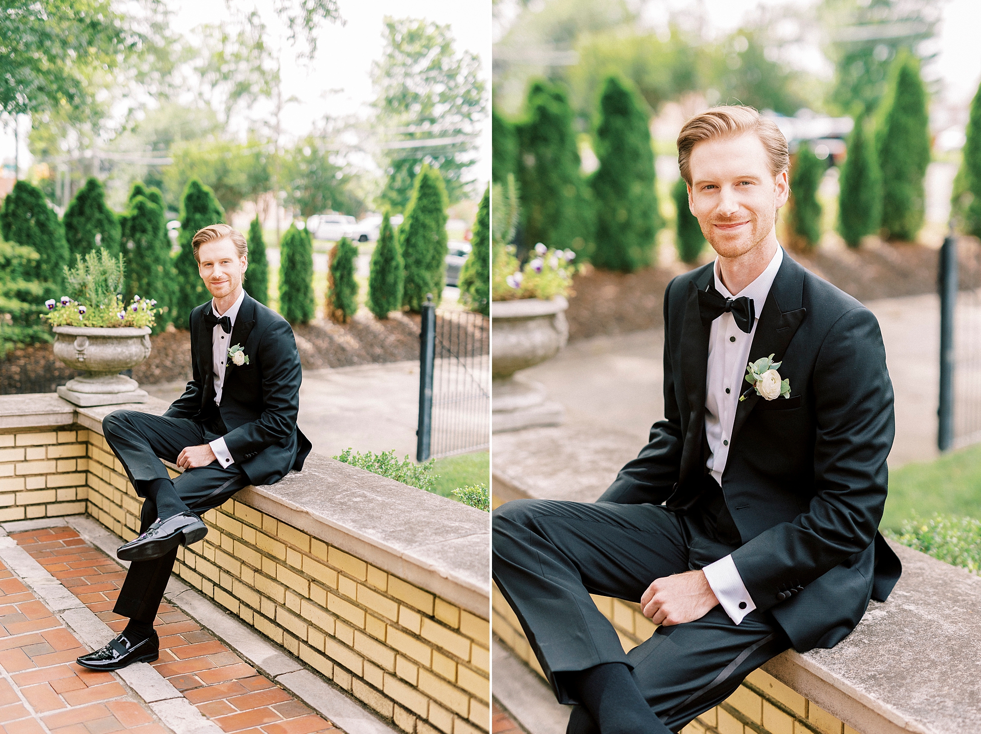 groom sits on brick wall on patio at Separk Mansion