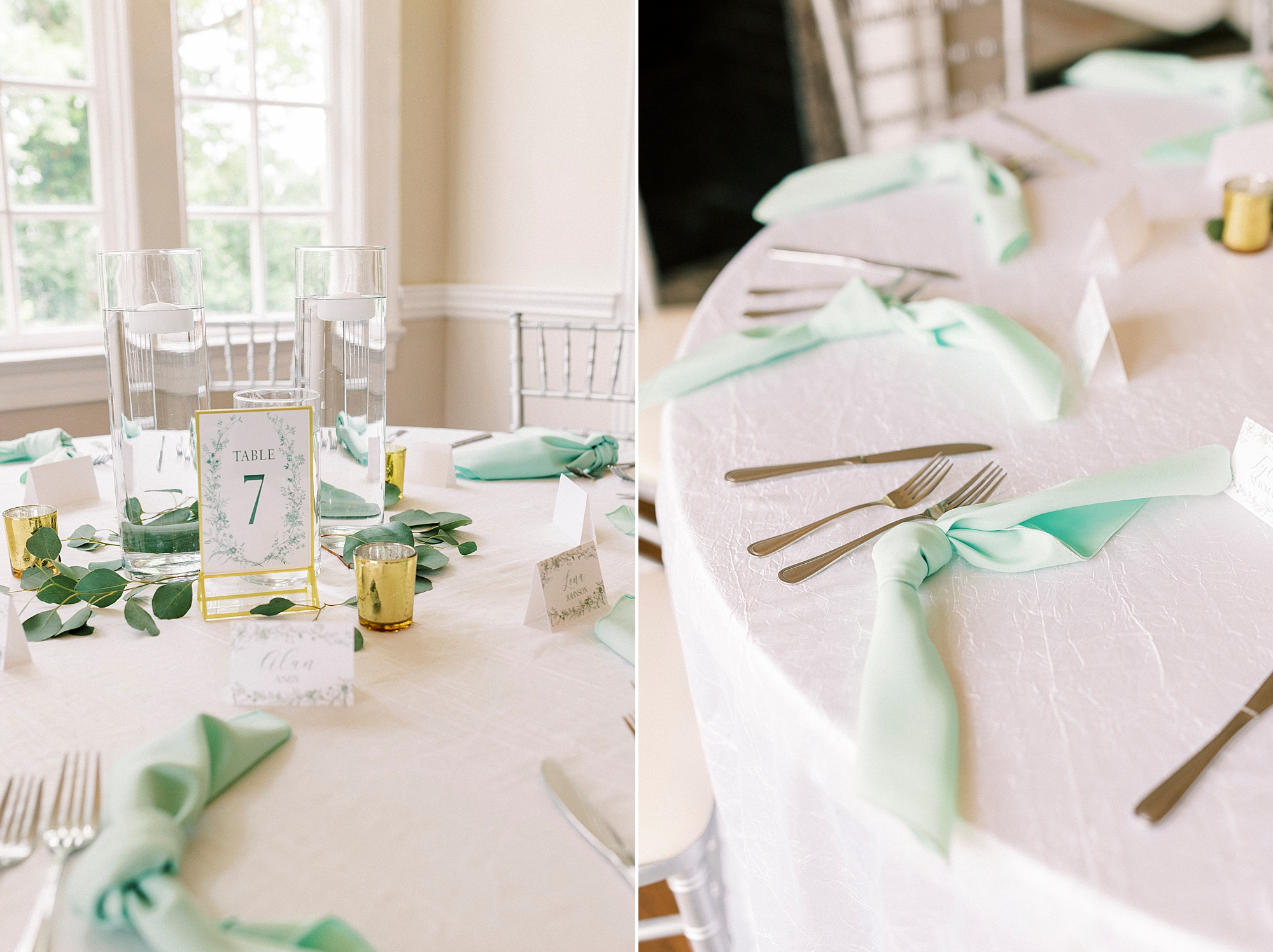 spring wedding reception with mint green napkins