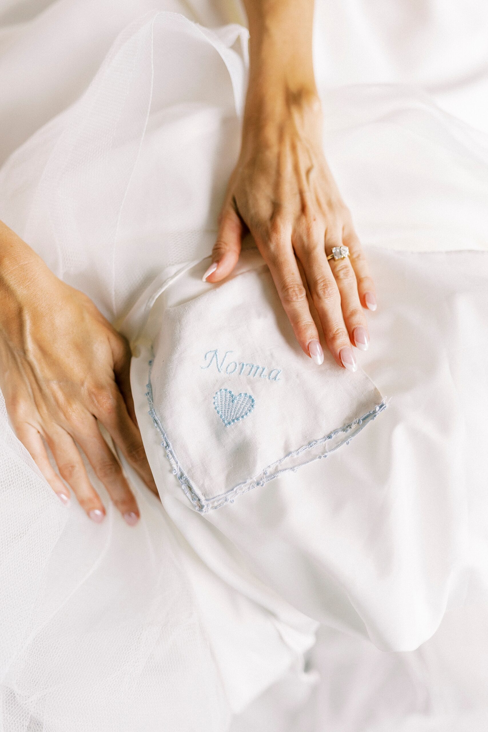 bride shows off blue heart in wedding dress skirt