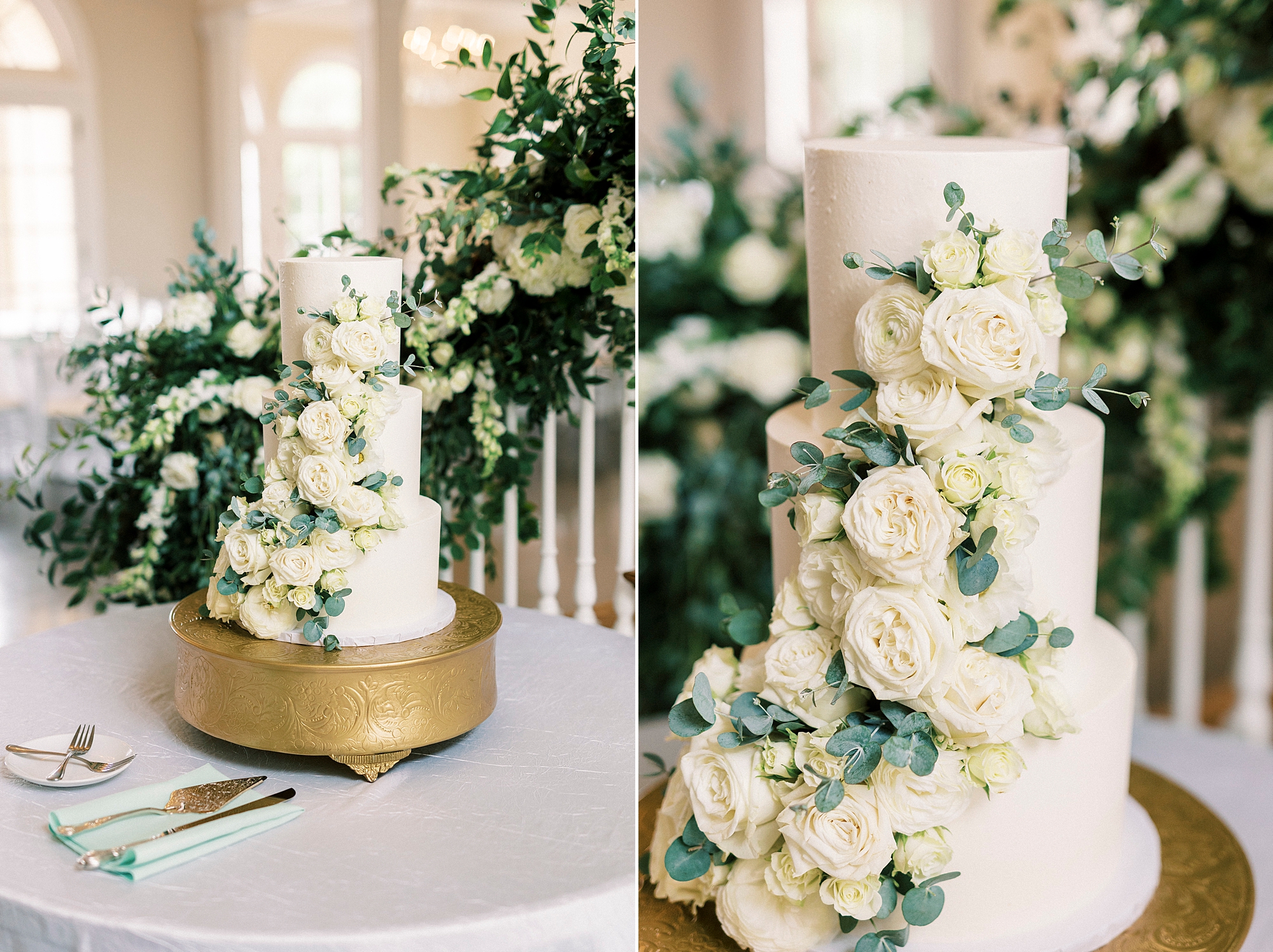 tiered wedding cake with ivory roses draping down the side