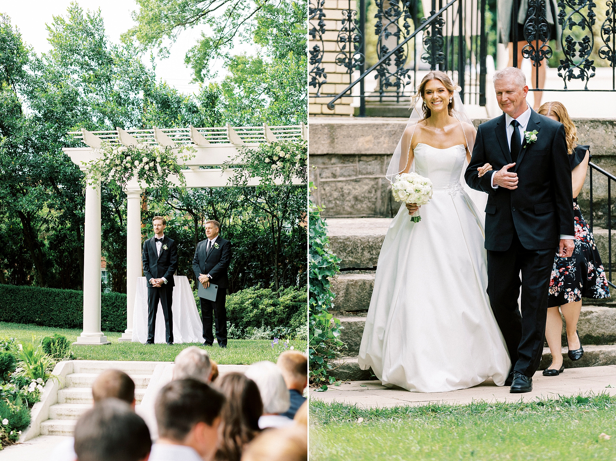 groom watches bride walk into wedding ceremony in garden of Separk Mansion
